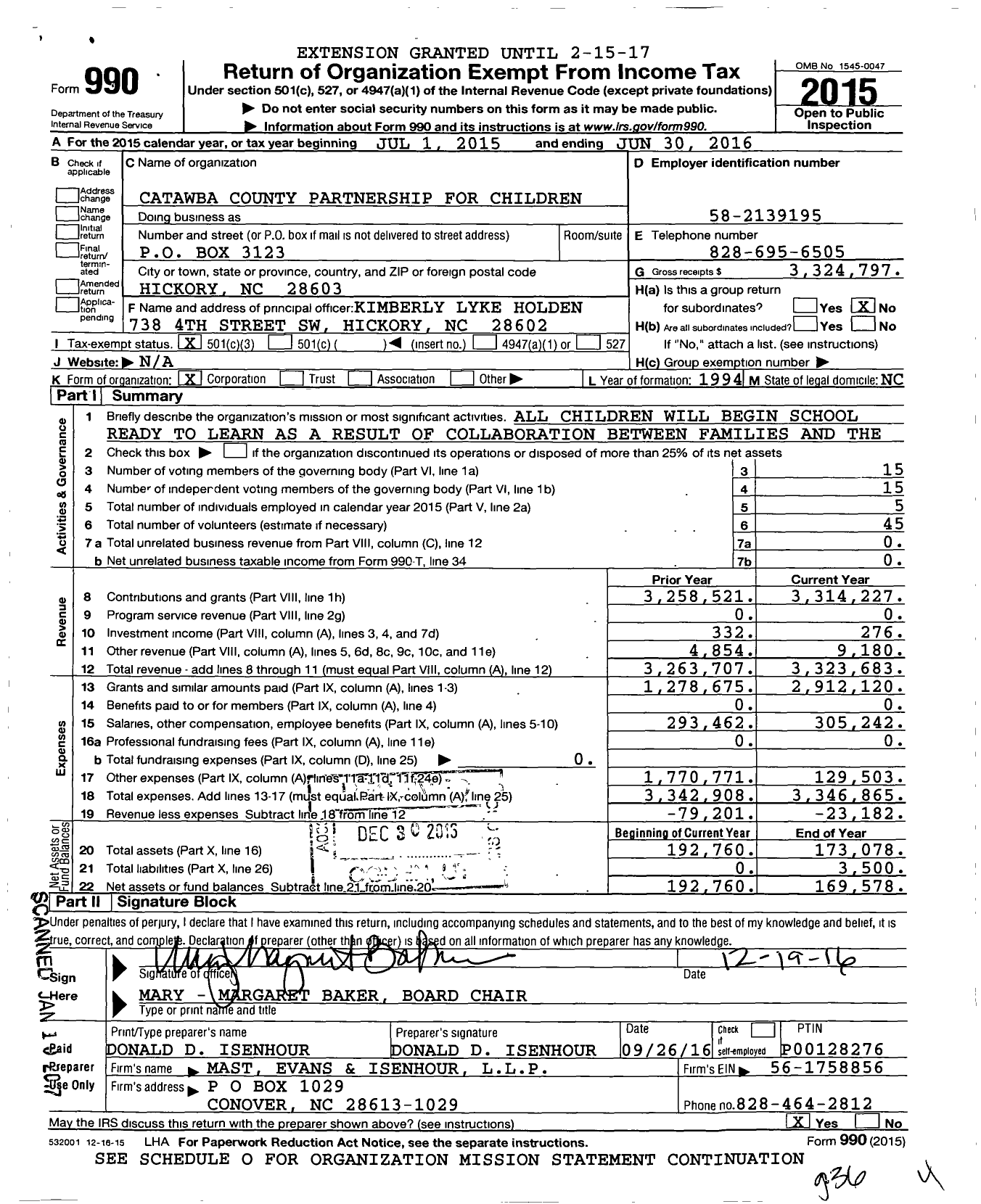 Image of first page of 2015 Form 990 for Catawba County Partnership for Children