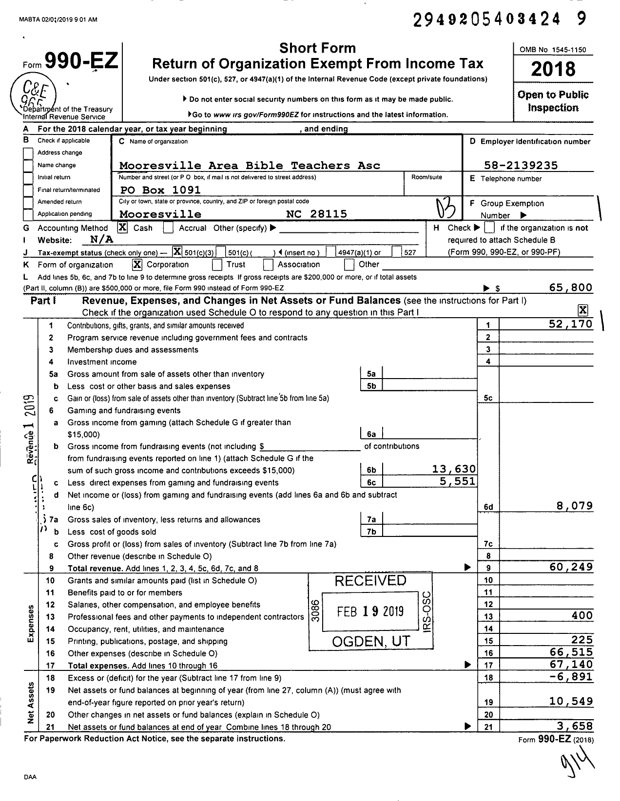 Image of first page of 2018 Form 990EZ for Mooresville Area Bible Teachers Asc