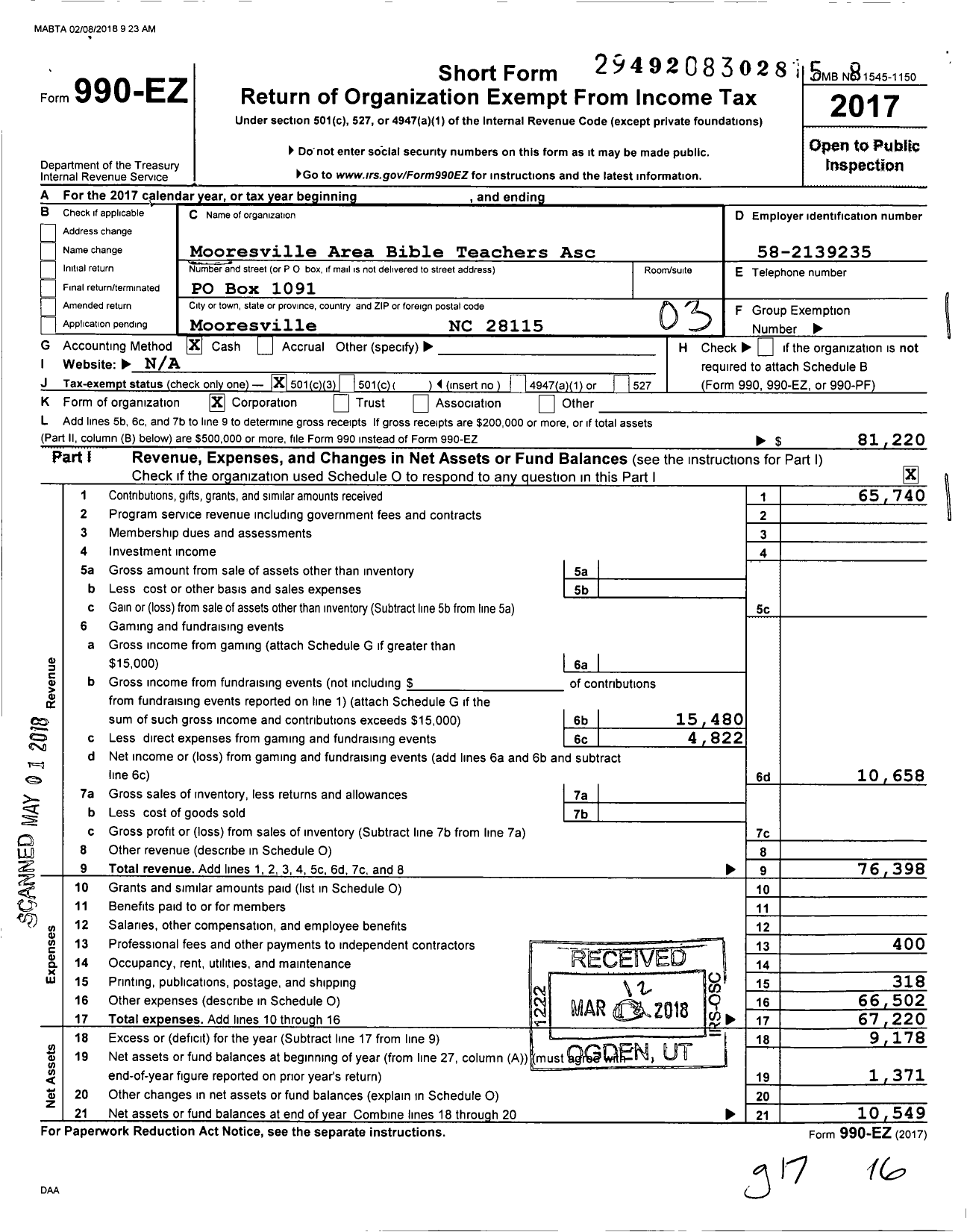 Image of first page of 2017 Form 990EZ for Mooresville Area Bible Teachers Asc