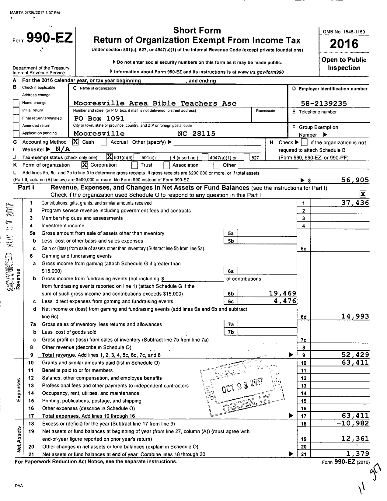 Image of first page of 2016 Form 990EZ for Mooresville Area Bible Teachers Asc