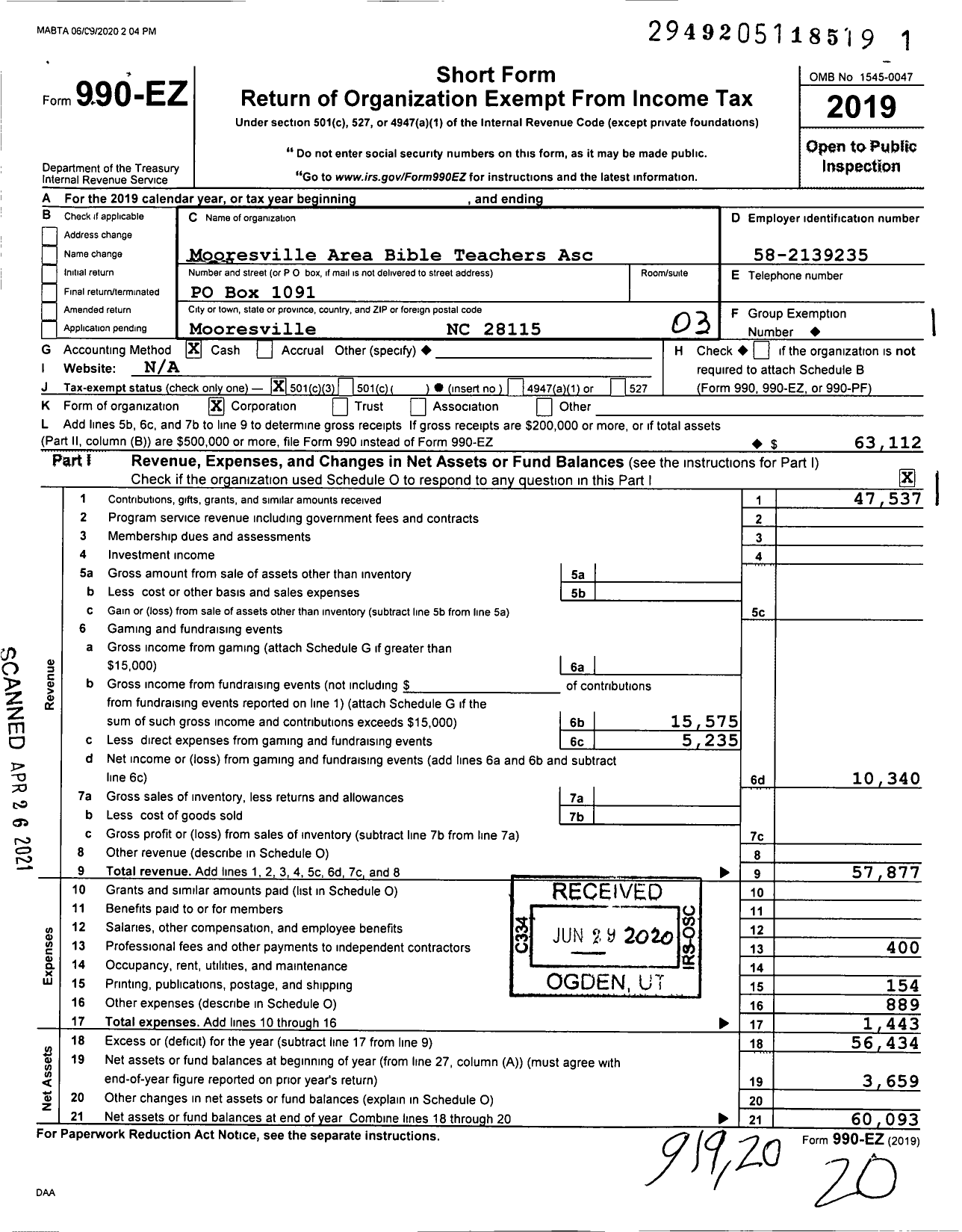 Image of first page of 2019 Form 990EZ for Mooresville Area Bible Teachers Asc