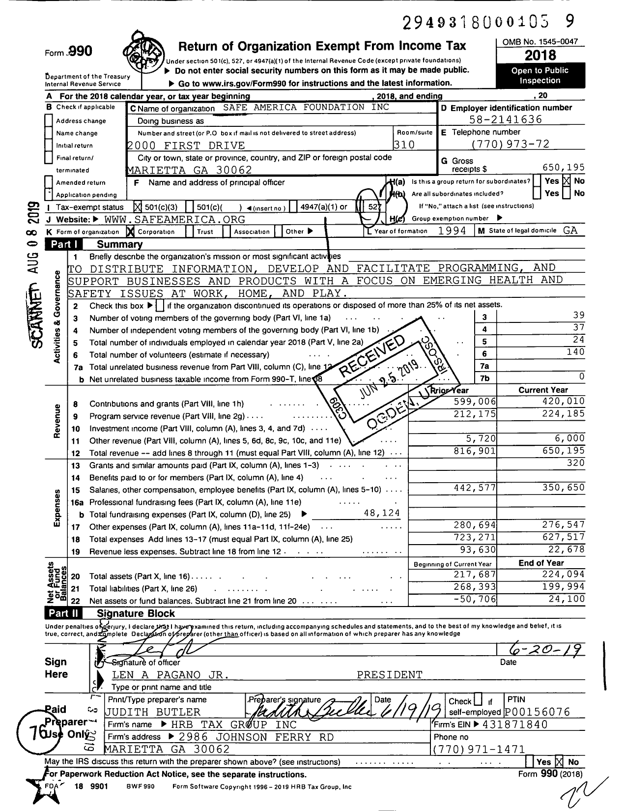 Image of first page of 2018 Form 990 for Safe America Foundation