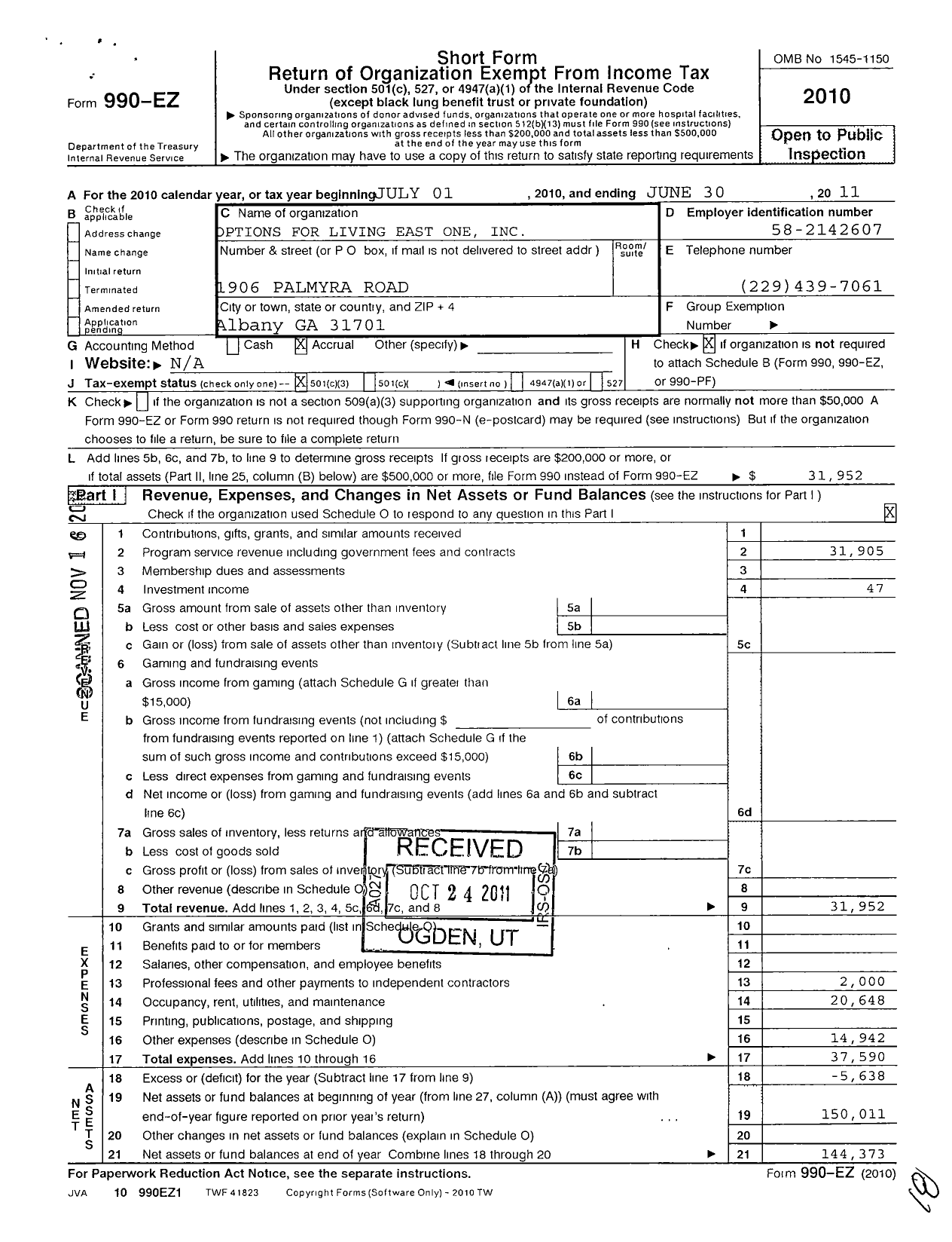 Image of first page of 2010 Form 990EZ for Options for Living East One