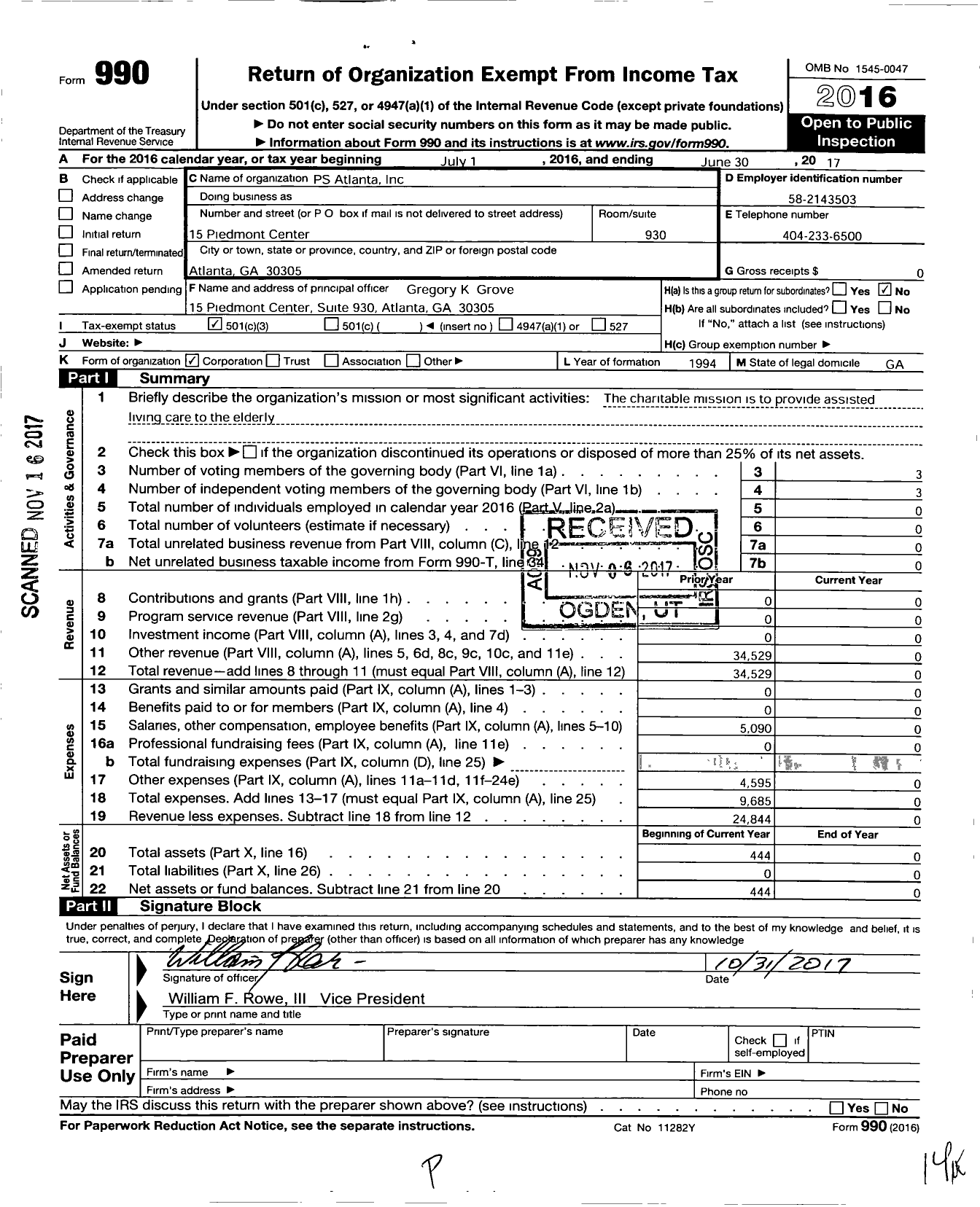 Image of first page of 2016 Form 990 for PS Atlanta
