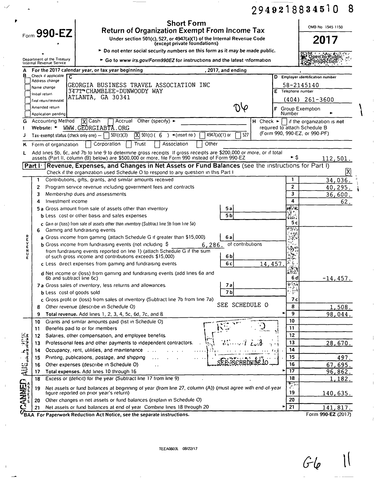 Image of first page of 2017 Form 990EO for Georgia Business Travel Association