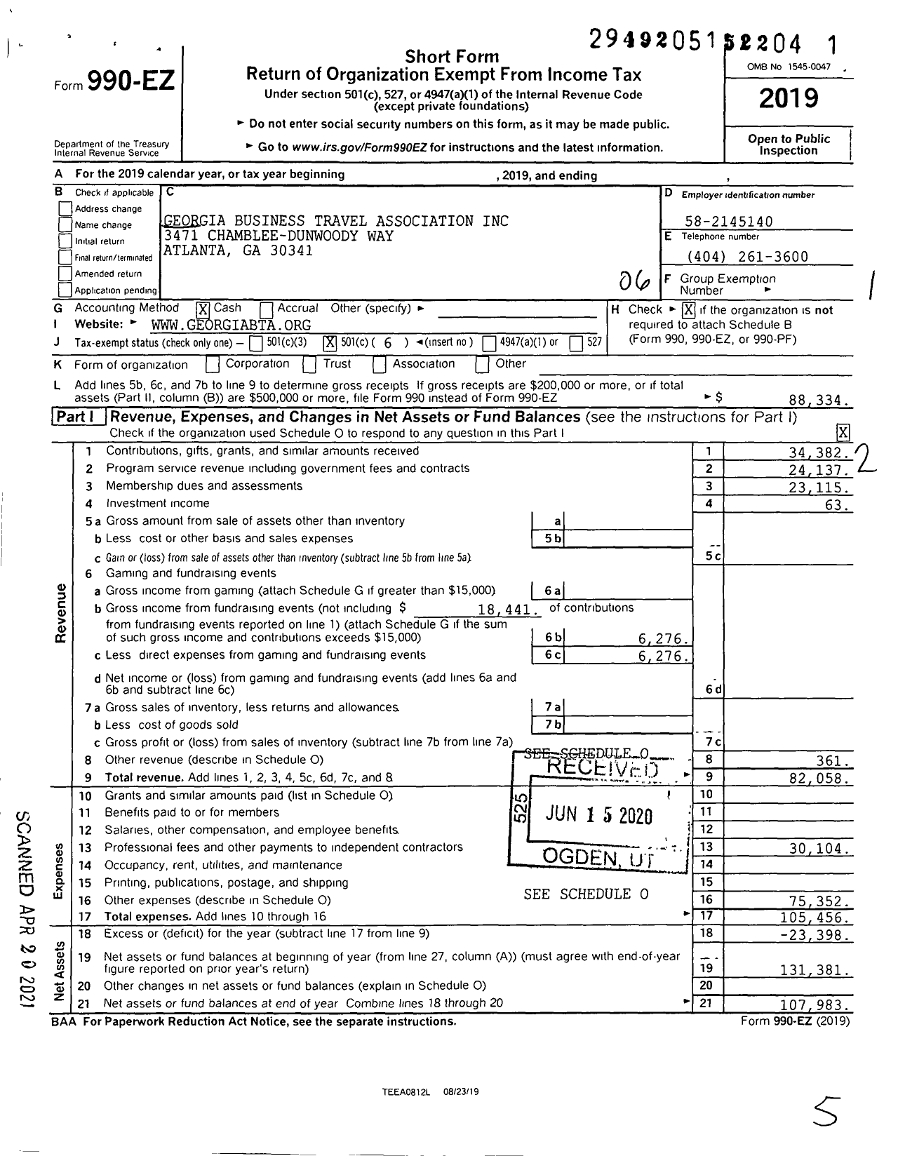 Image of first page of 2019 Form 990EO for Georgia Business Travel Association
