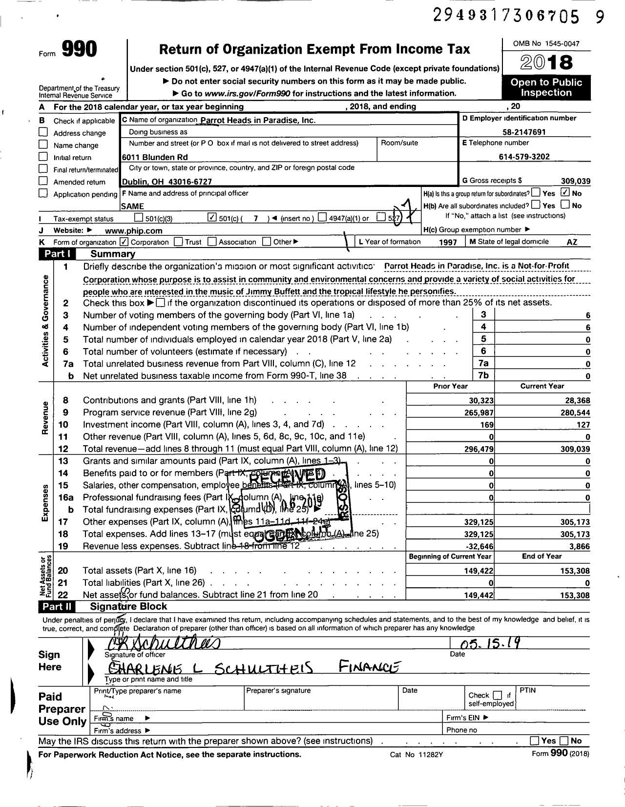 Image of first page of 2018 Form 990O for Parrot Heads in Paradise