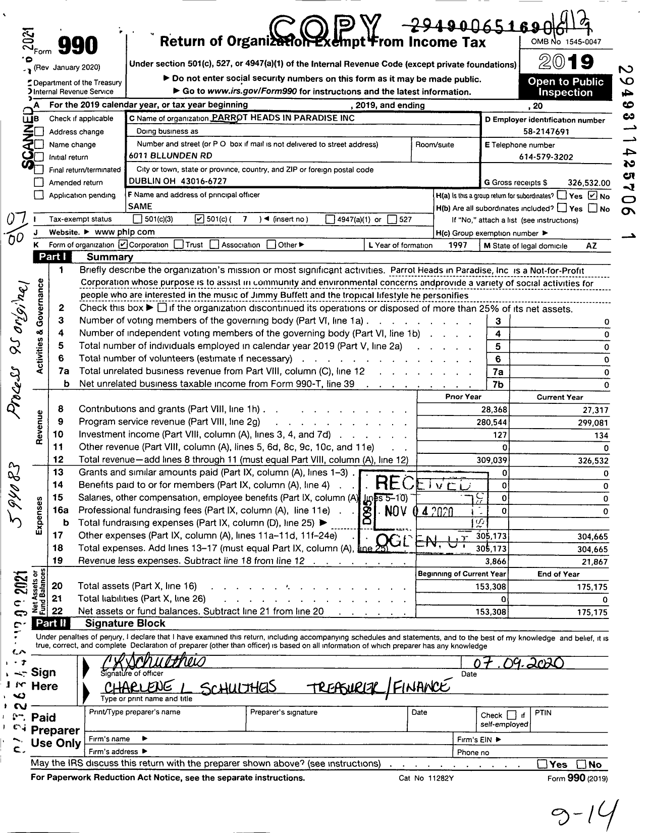 Image of first page of 2019 Form 990O for Parrot Heads in Paradise