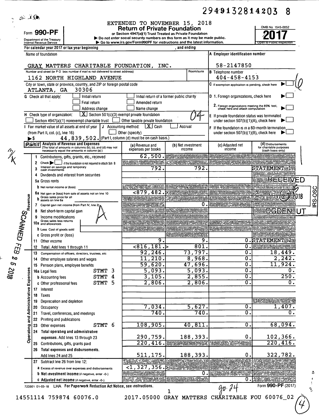 Image of first page of 2017 Form 990PF for Gray Matters Charitable Foundation