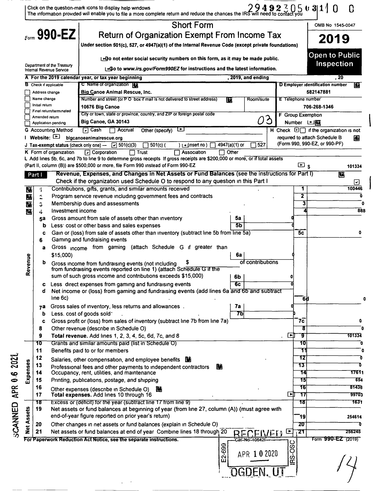 Image of first page of 2019 Form 990EZ for Big Canoe Animal Rescue