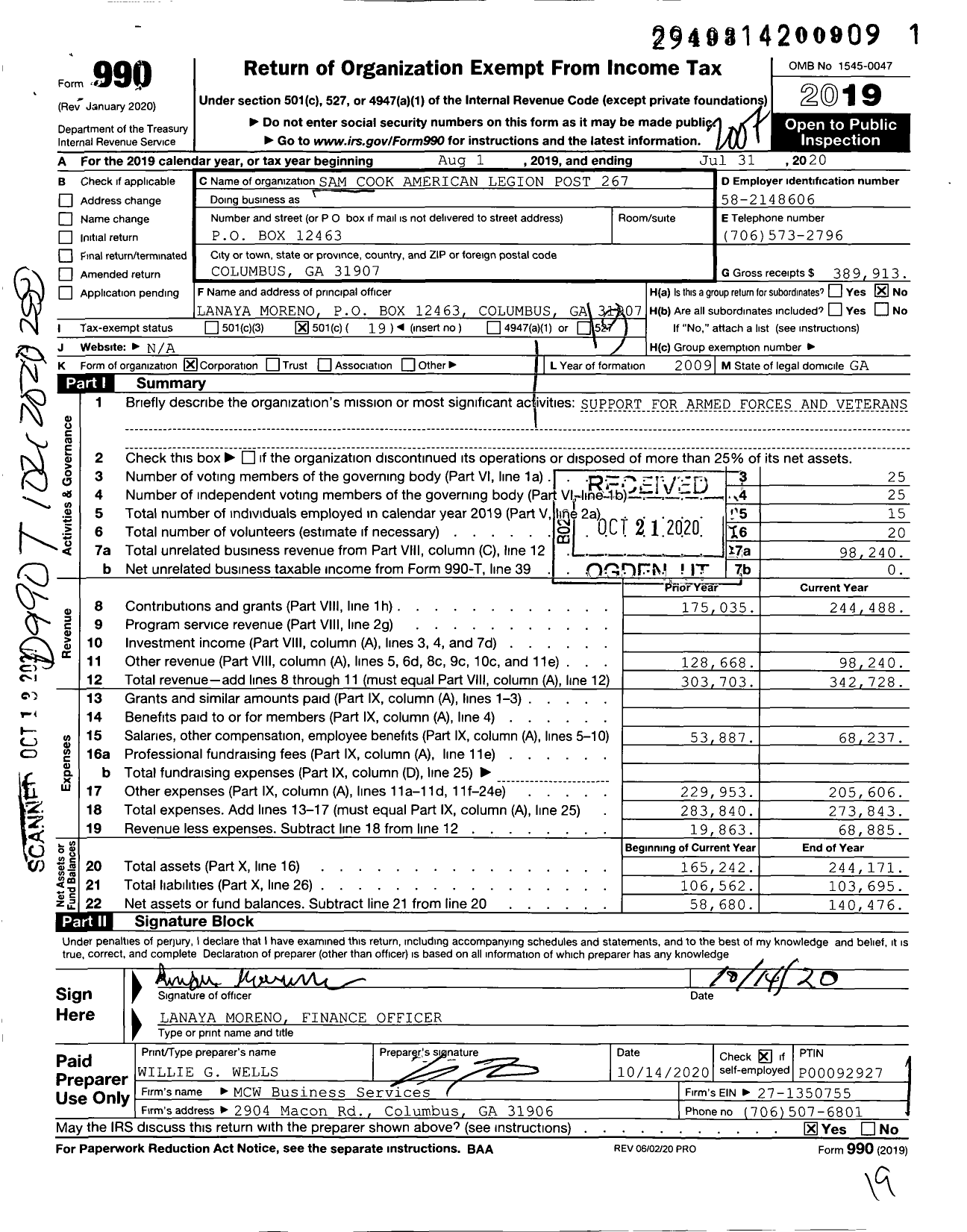 Image of first page of 2019 Form 990O for American Legion - Samuel G Cook Post 267