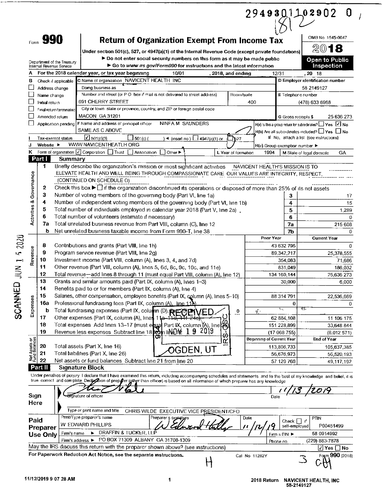 Image of first page of 2018 Form 990 for Navicent Health