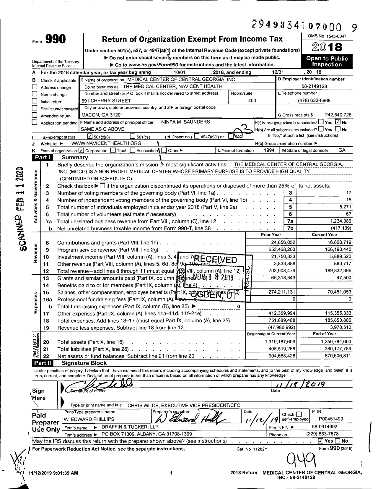 Image of first page of 2018 Form 990 for The Medical Center Navicent Health