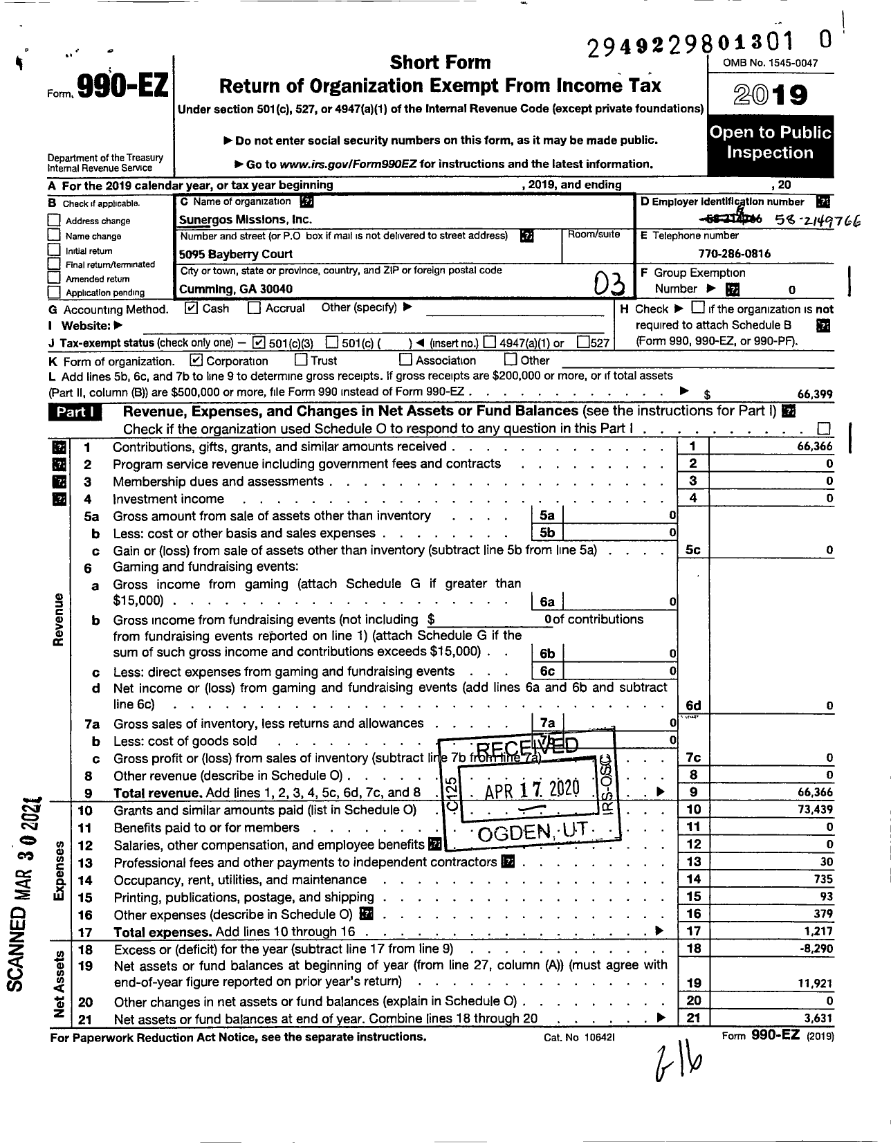 Image of first page of 2019 Form 990EZ for Sunergos Missions