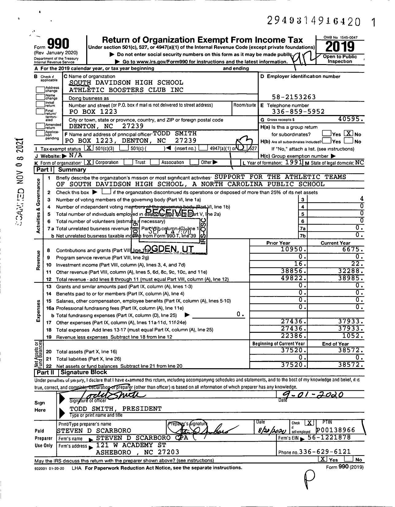 Image of first page of 2019 Form 990 for South Davidson High School Athletic Boosters Club