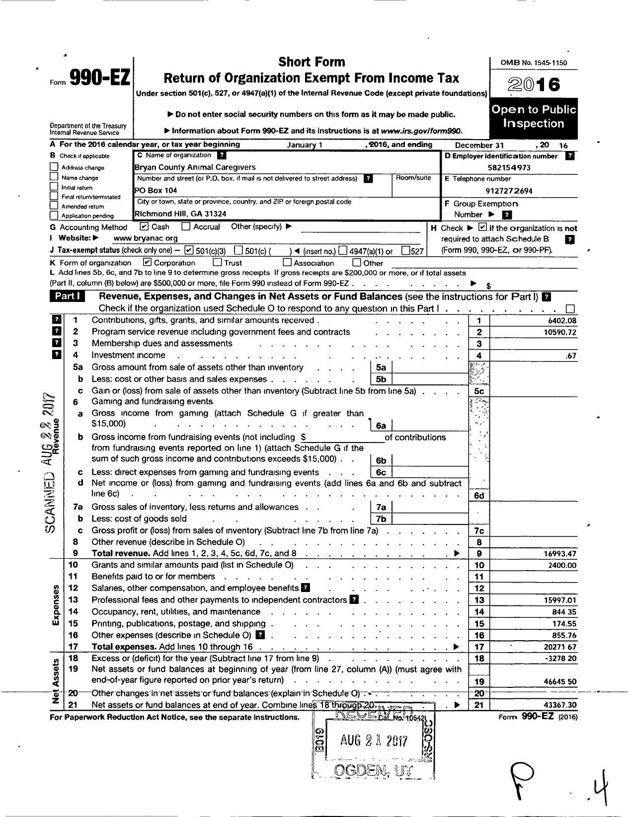 Image of first page of 2016 Form 990EZ for Bryan County Animal Caregivers