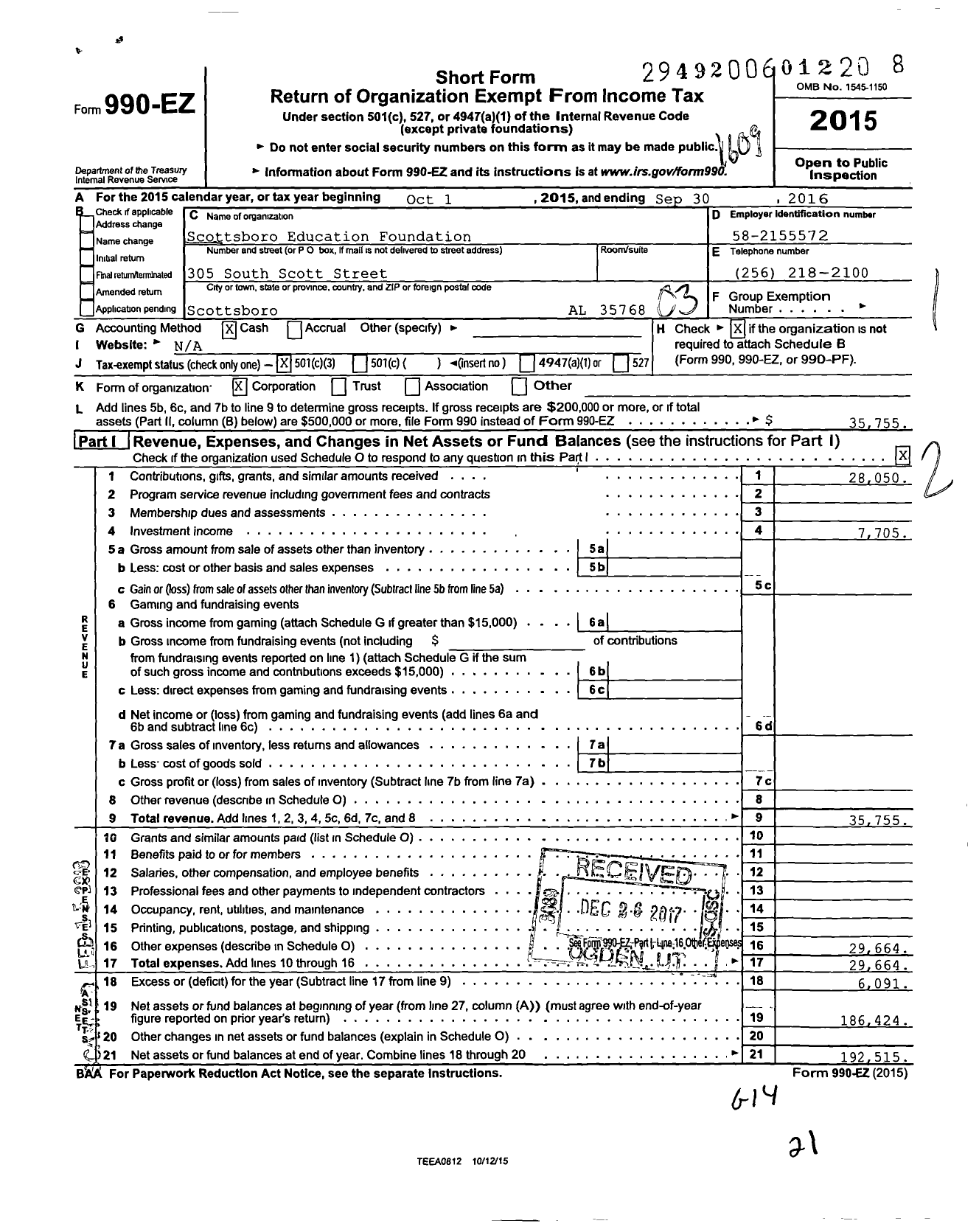 Image of first page of 2015 Form 990EZ for Scottsboro Education Foundation