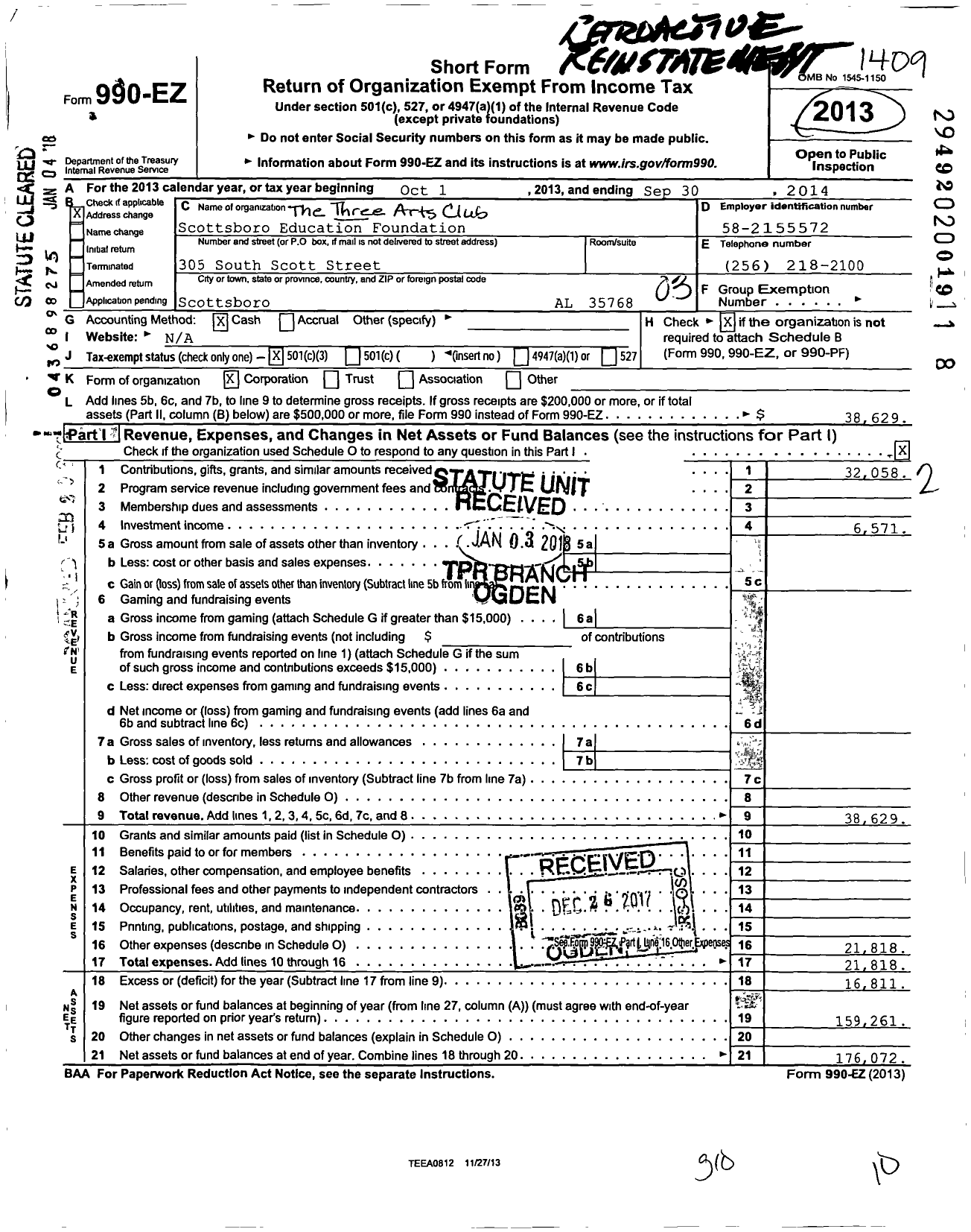 Image of first page of 2013 Form 990EZ for Scottsboro Education Foundation