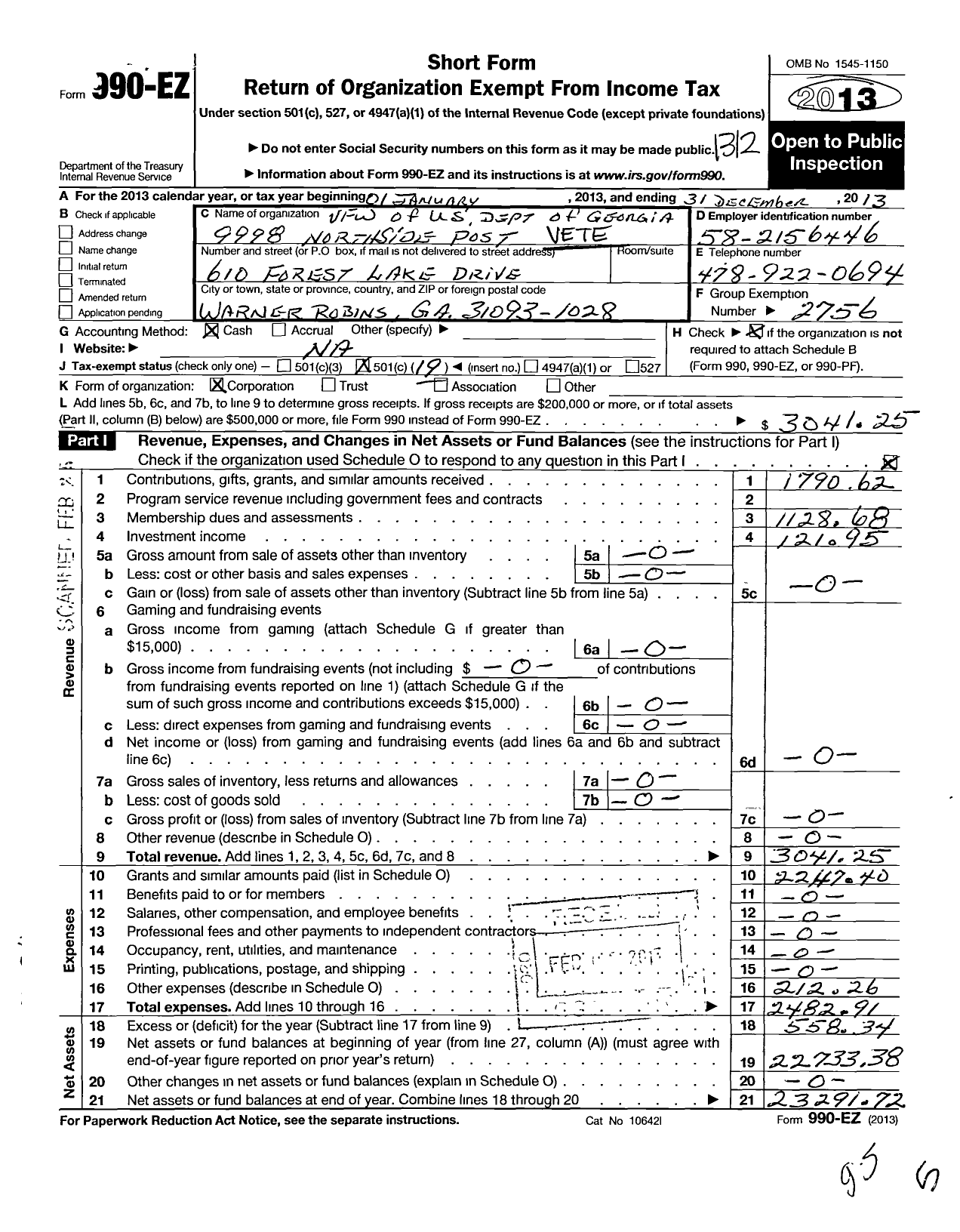 Image of first page of 2013 Form 990EO for Veterans of Foreign Wars of the United States Dept of Georgia - 9998 Northside Post