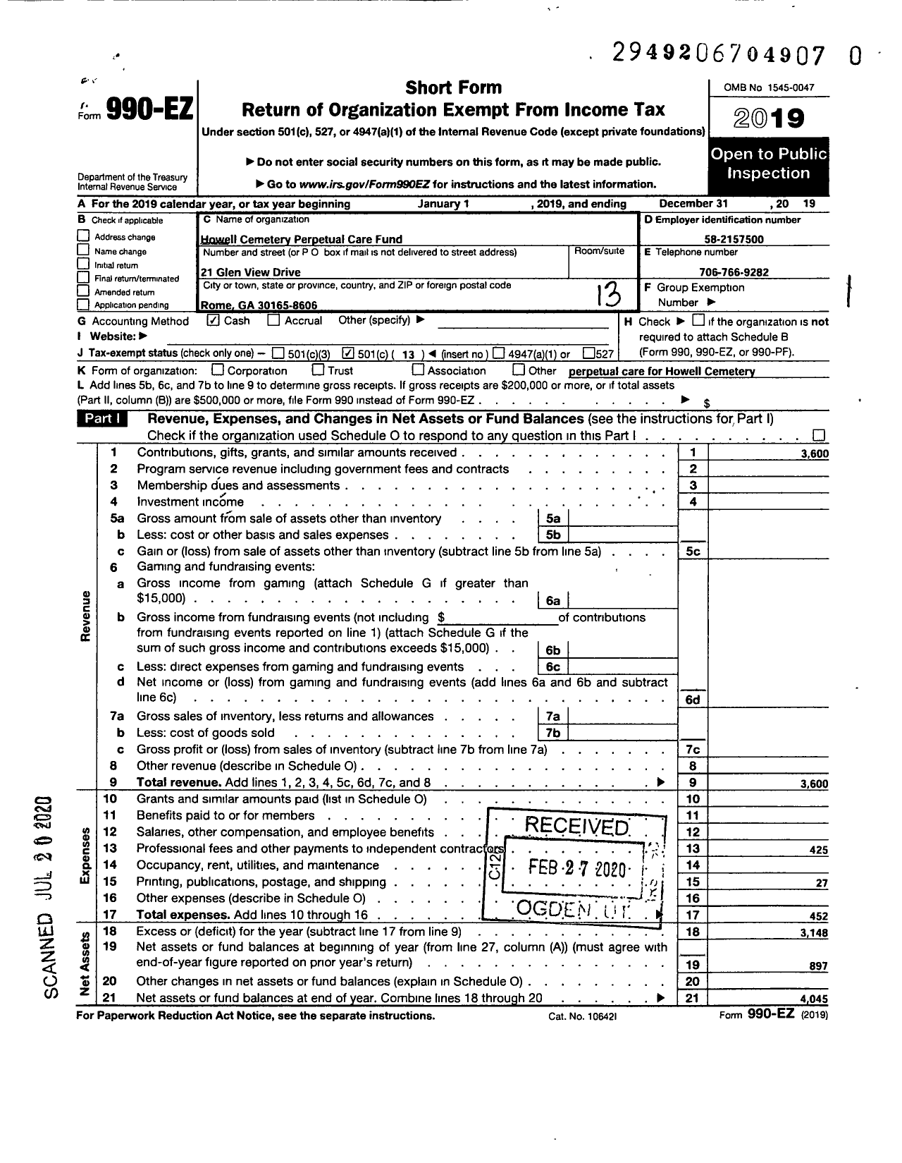 Image of first page of 2019 Form 990EO for Howell Cemetery Perpetual Care Fund