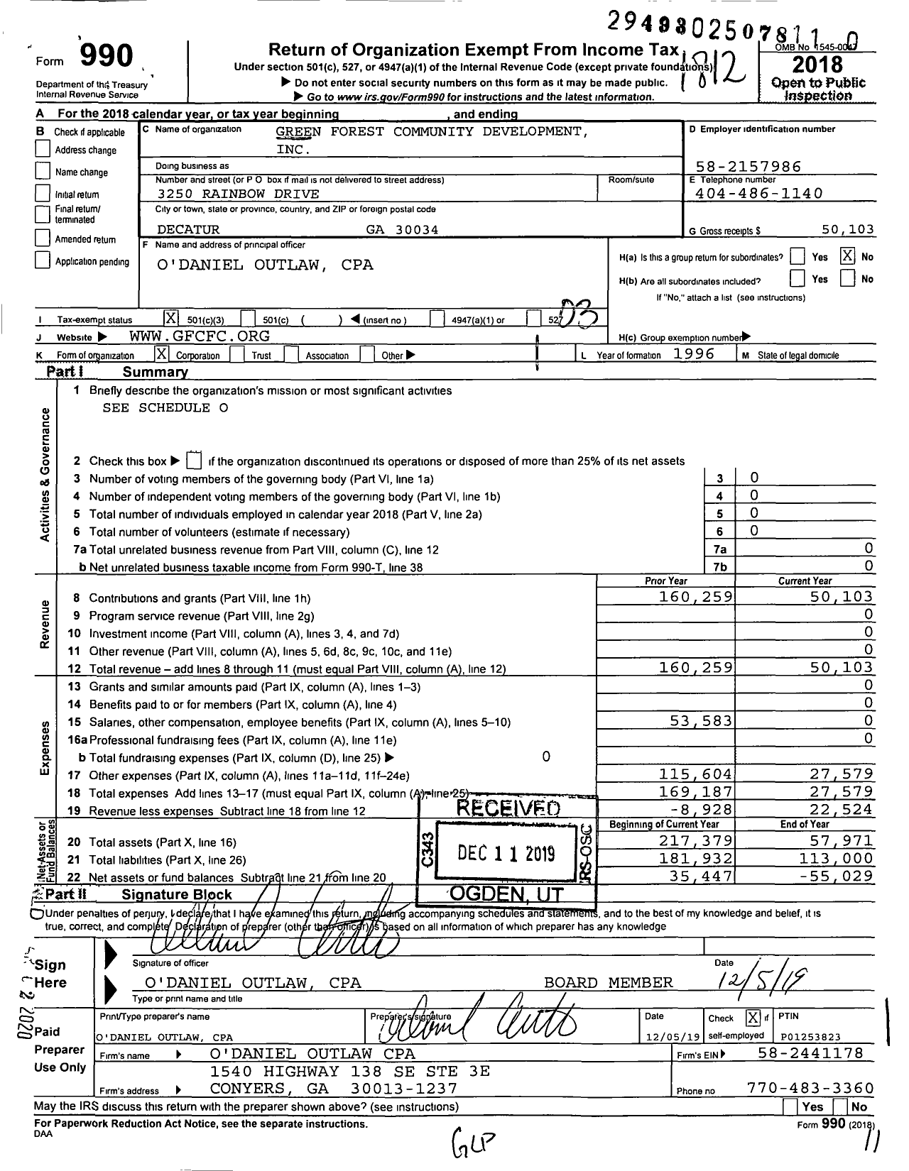 Image of first page of 2018 Form 990 for Greenforest Community Development Incorporated