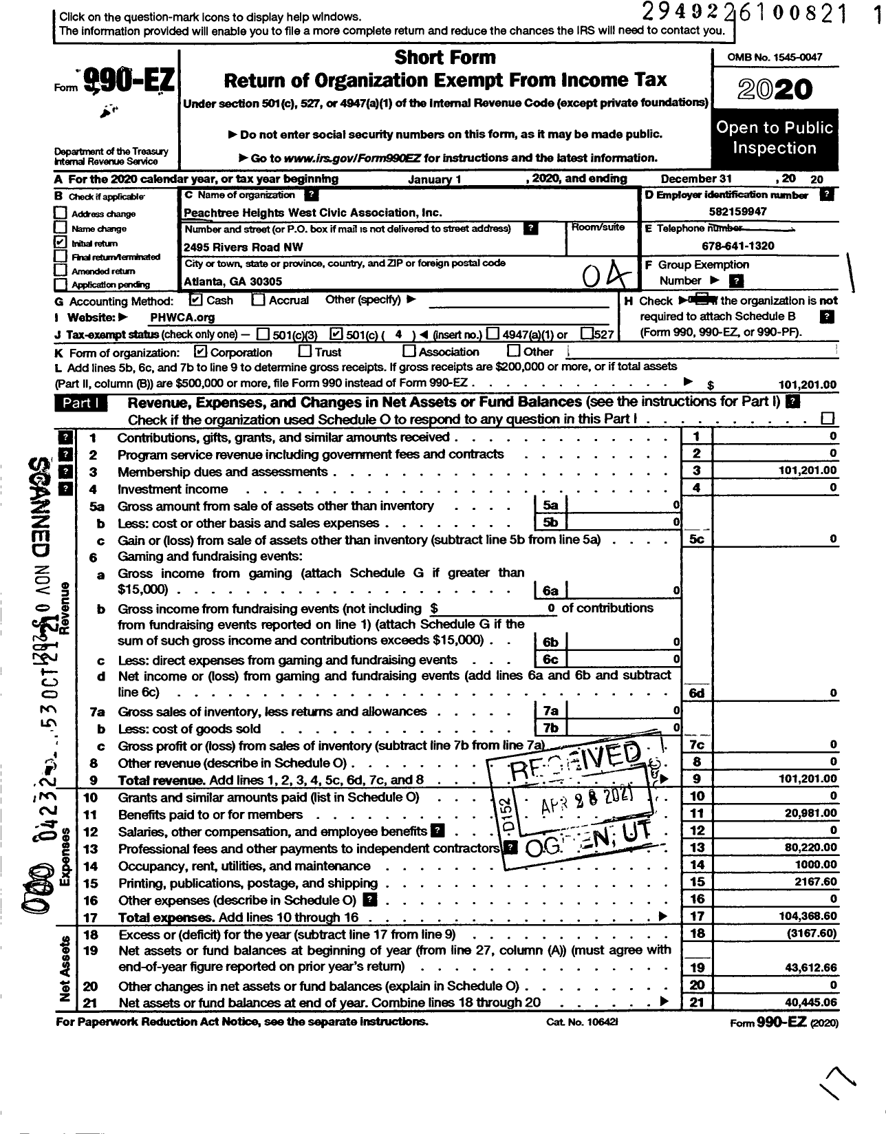 Image of first page of 2020 Form 990EO for Peachtree Heights West Civic Association