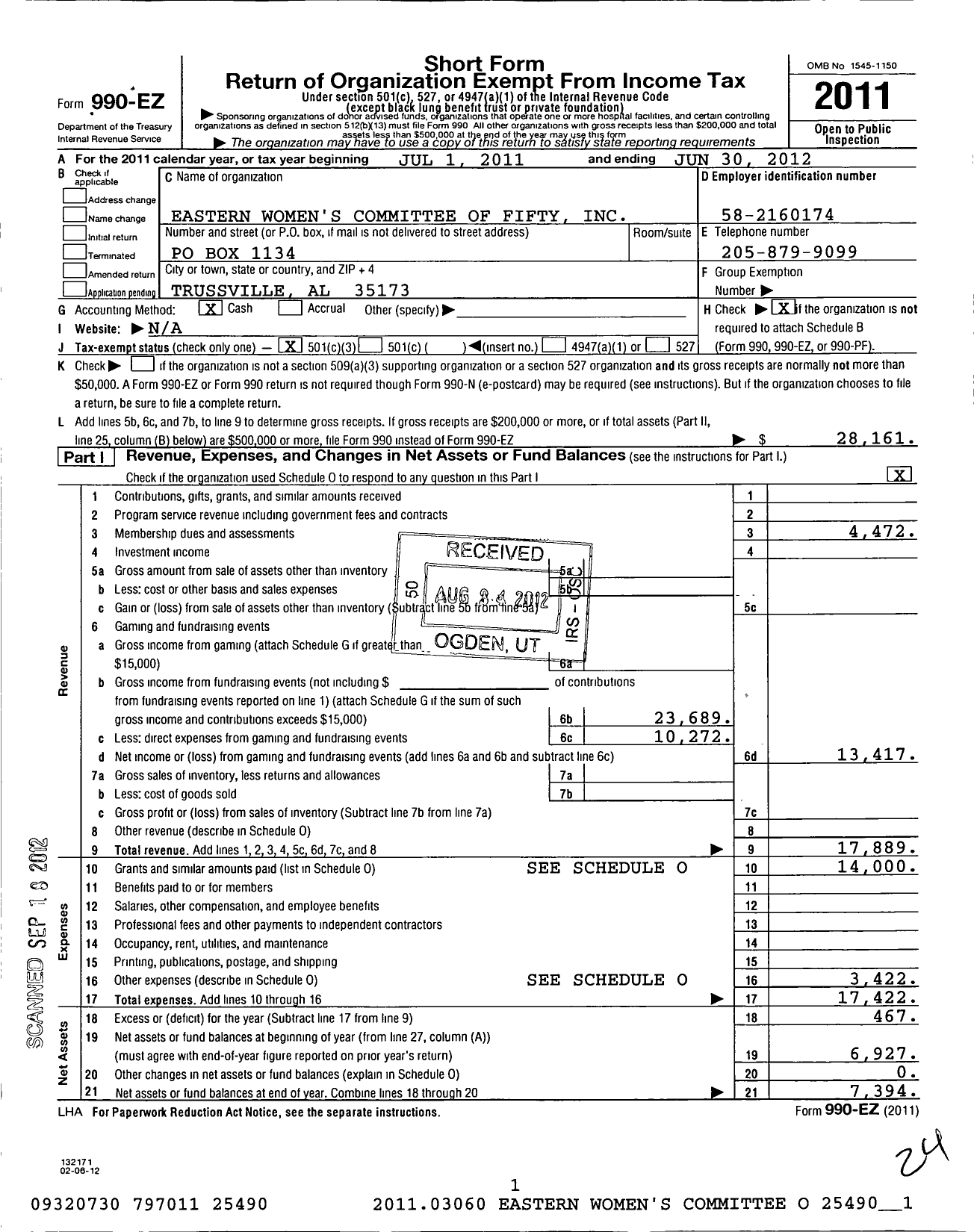 Image of first page of 2011 Form 990EZ for Eastern Womens Committee of Fifty