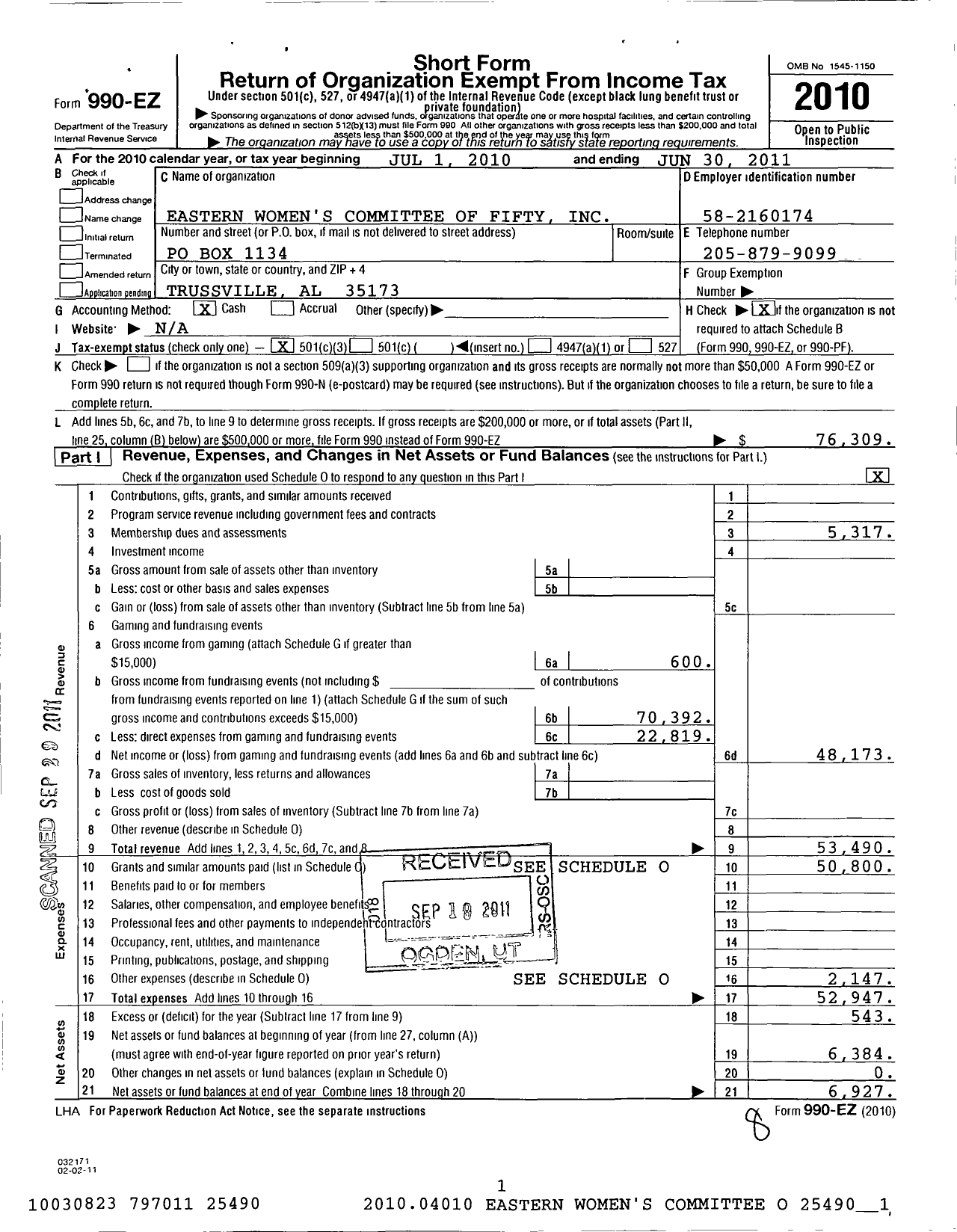 Image of first page of 2010 Form 990EZ for Eastern Womens Committee of Fifty