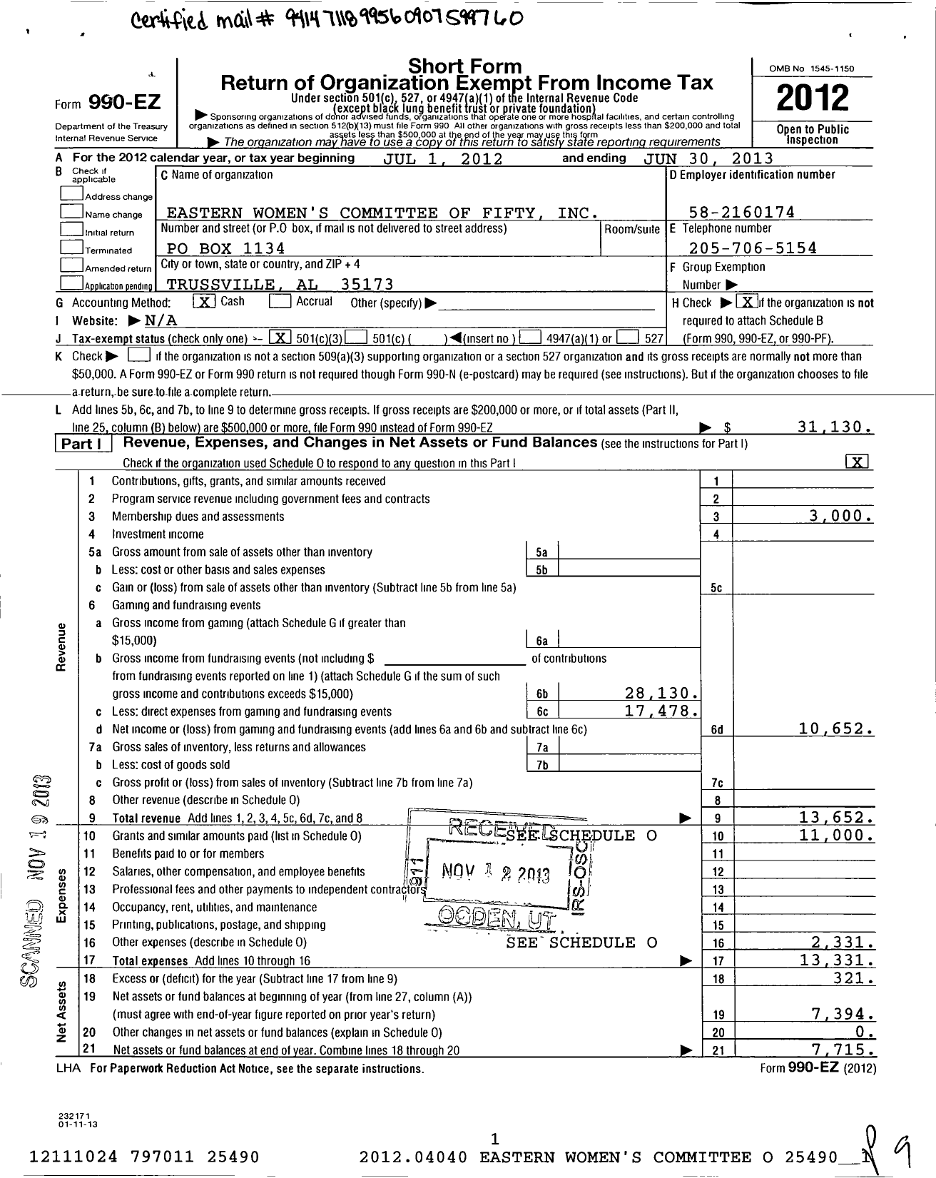 Image of first page of 2012 Form 990EZ for Eastern Womens Committee of Fifty