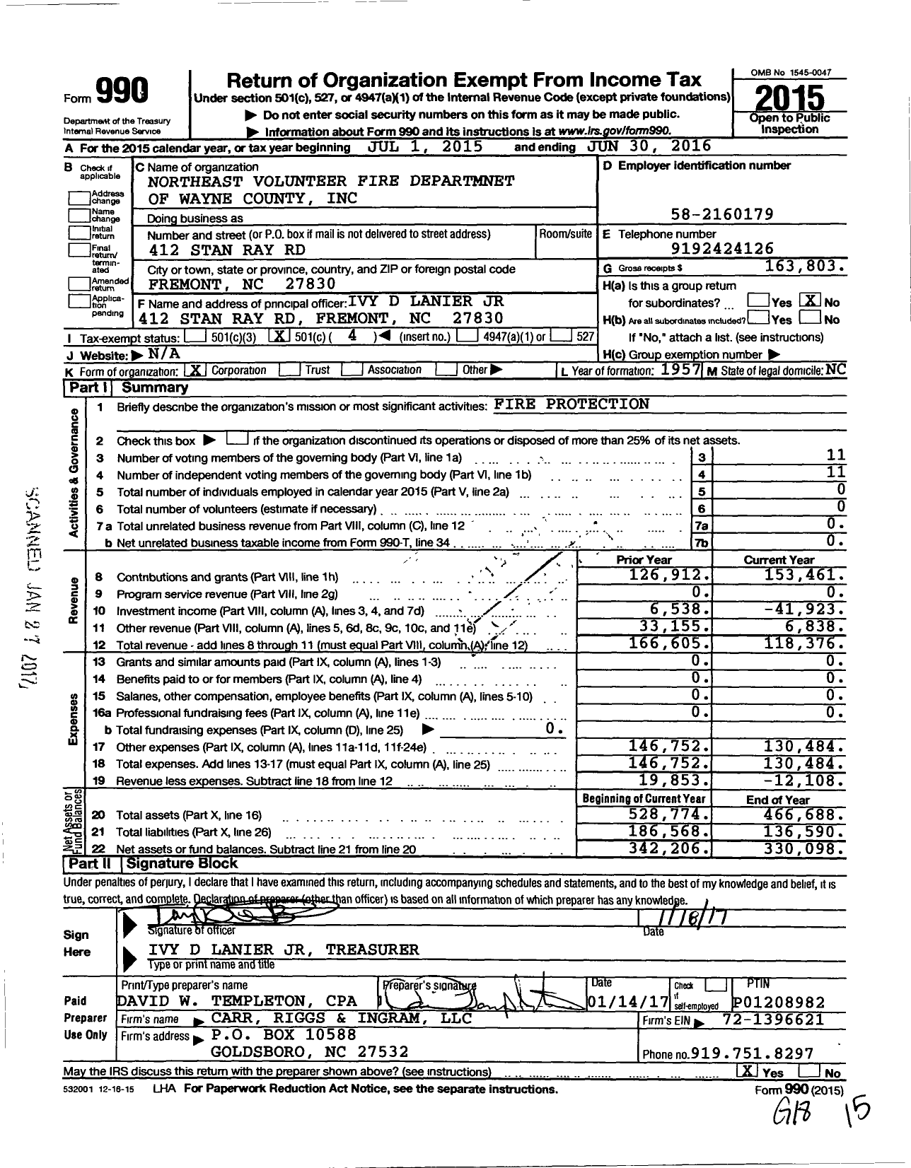 Image of first page of 2015 Form 990O for Northeast Volunteer Fire Departmnet of Wayne County
