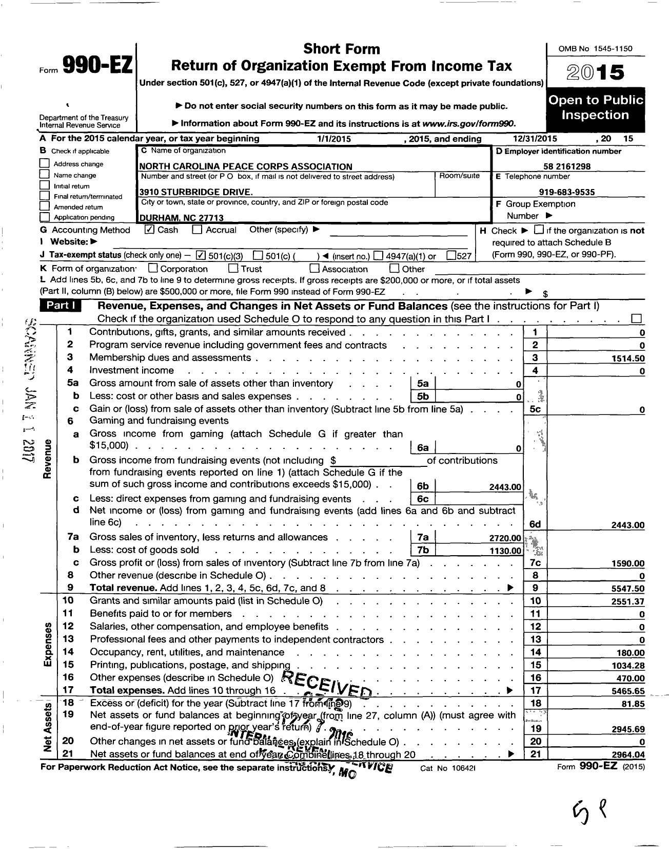 Image of first page of 2015 Form 990EZ for North Carolina Peace Corps Association