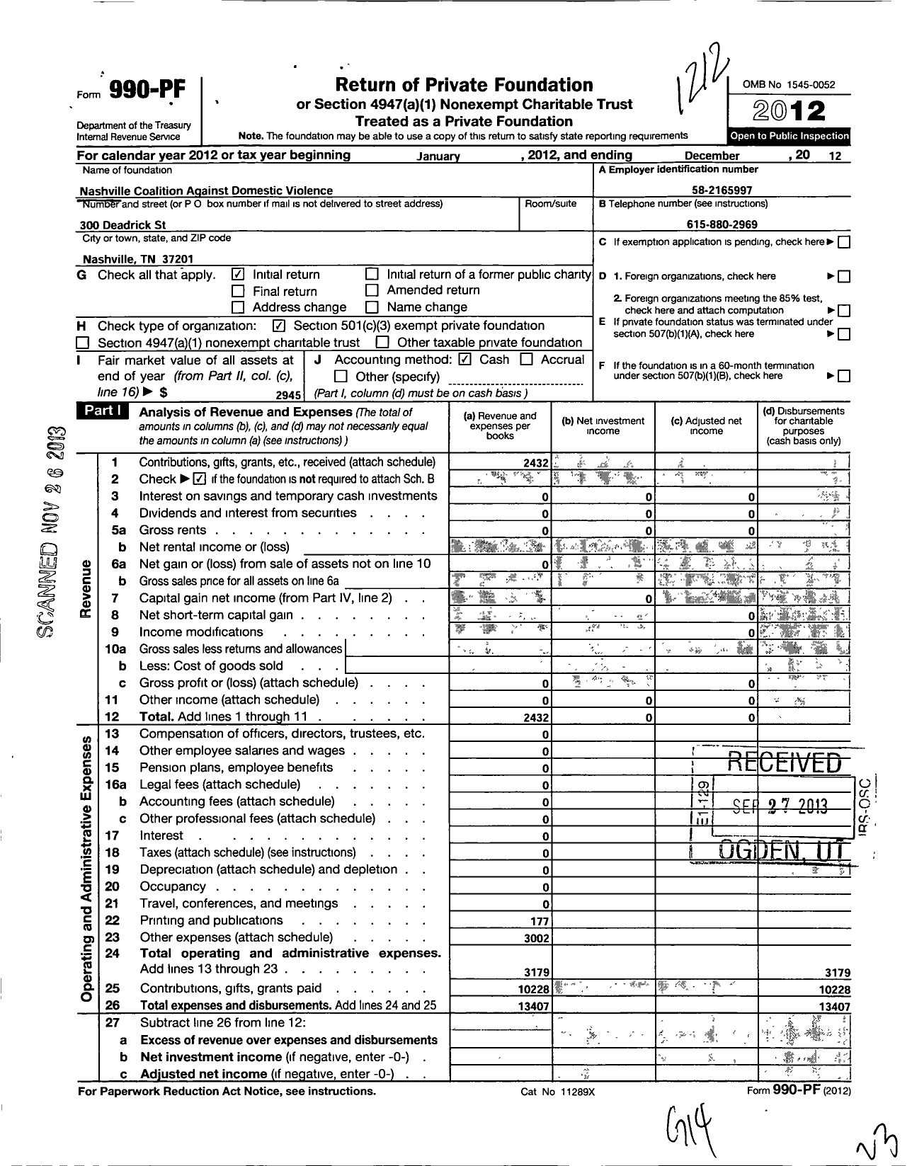 Image of first page of 2021 Form 990PF for Nashville Coalition Against Domestic Violence