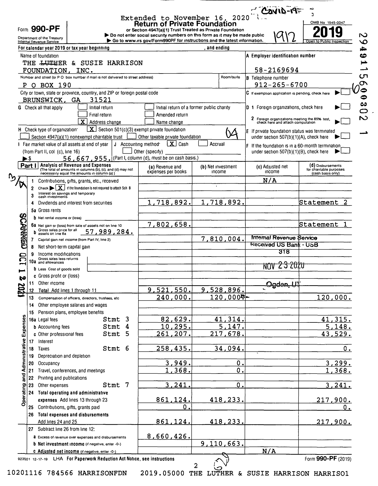 Image of first page of 2019 Form 990PF for Luther & Susie Harrison Foundation