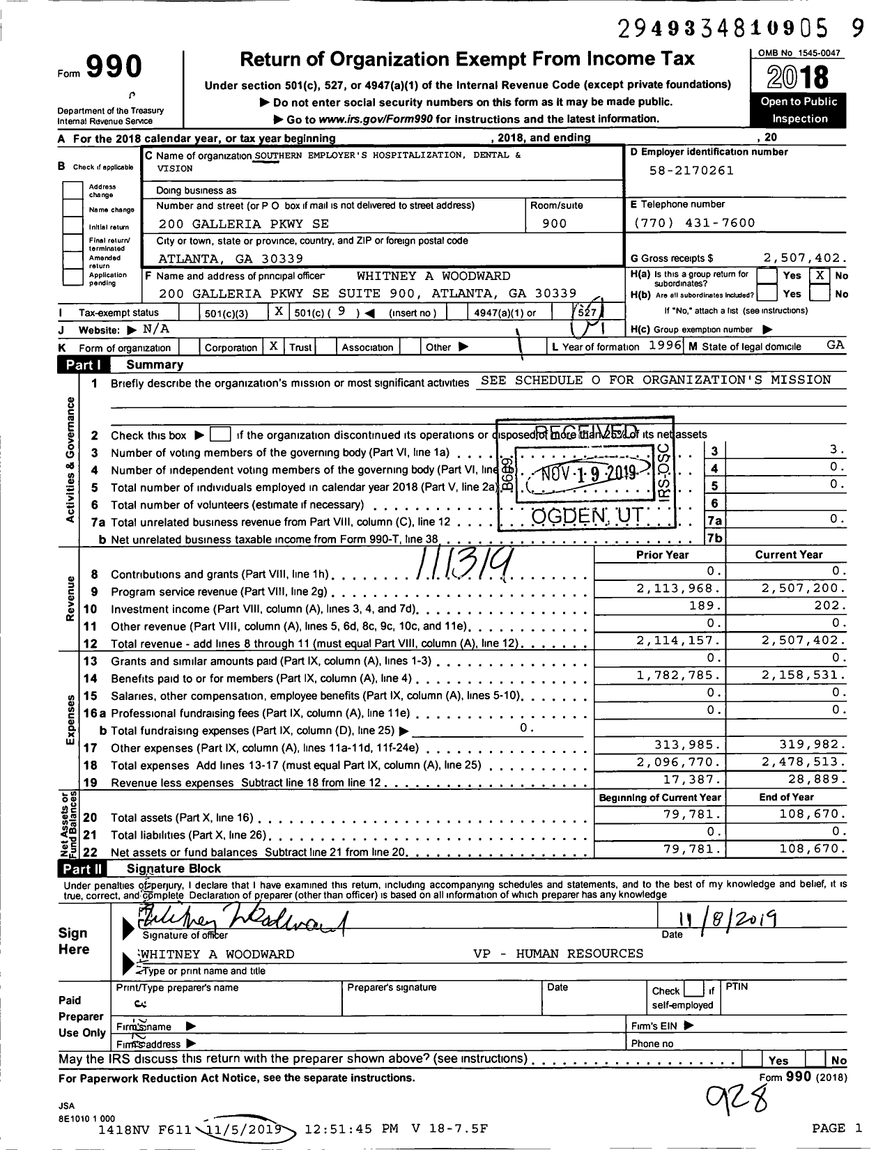 Image of first page of 2018 Form 990O for Southern Employer's Hospitalization Dental and Vision