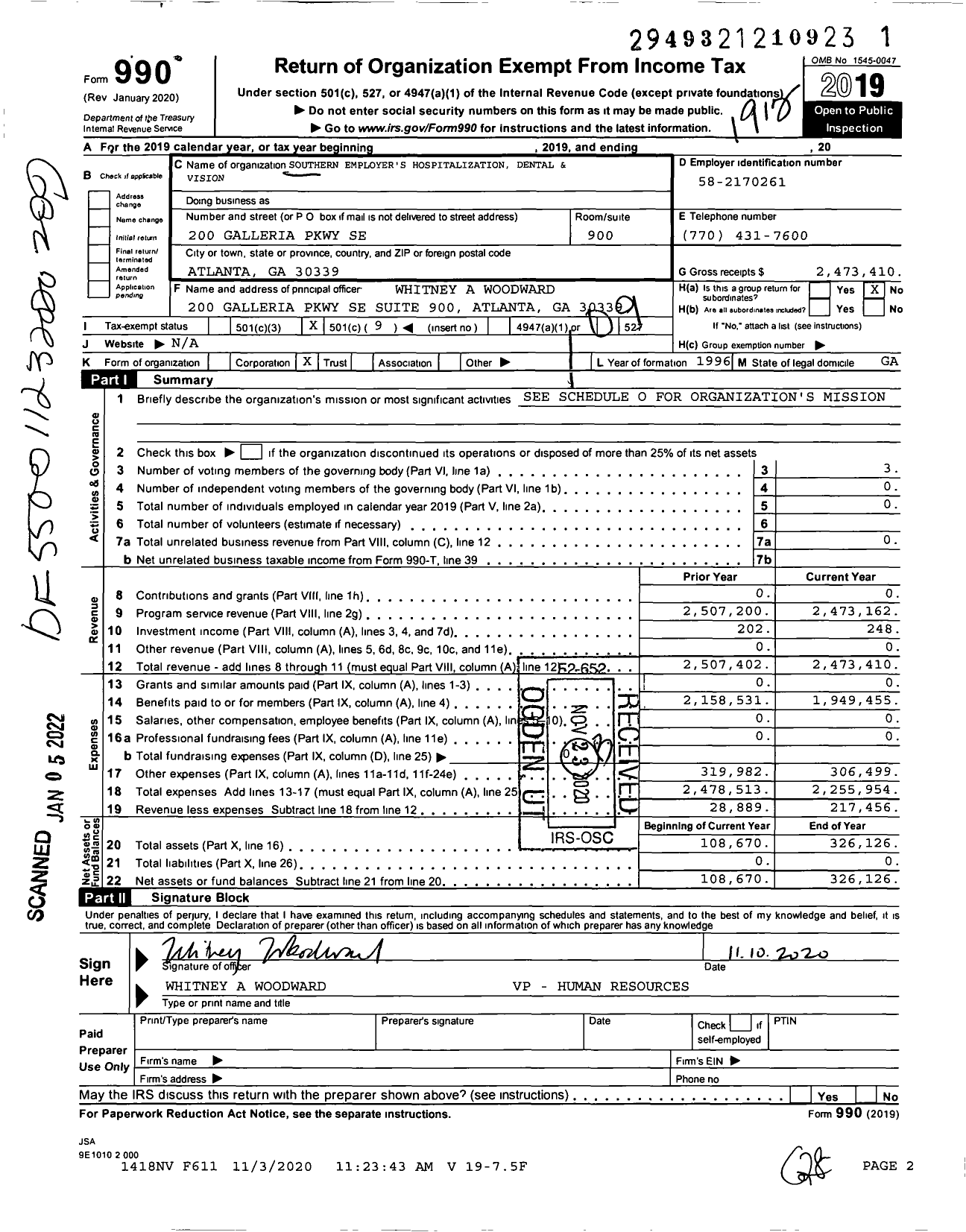 Image of first page of 2019 Form 990O for Southern Employer's Hospitalization Dental and Vision