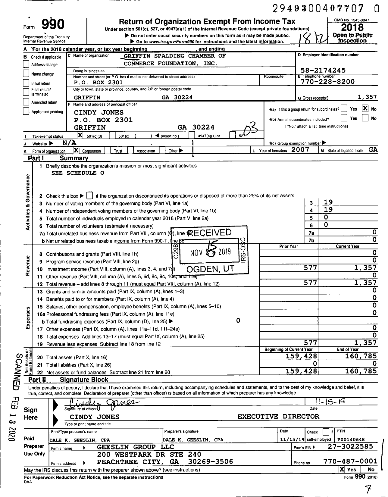 Image of first page of 2018 Form 990 for Griffin Spalding Chamber of Commerce Foundation