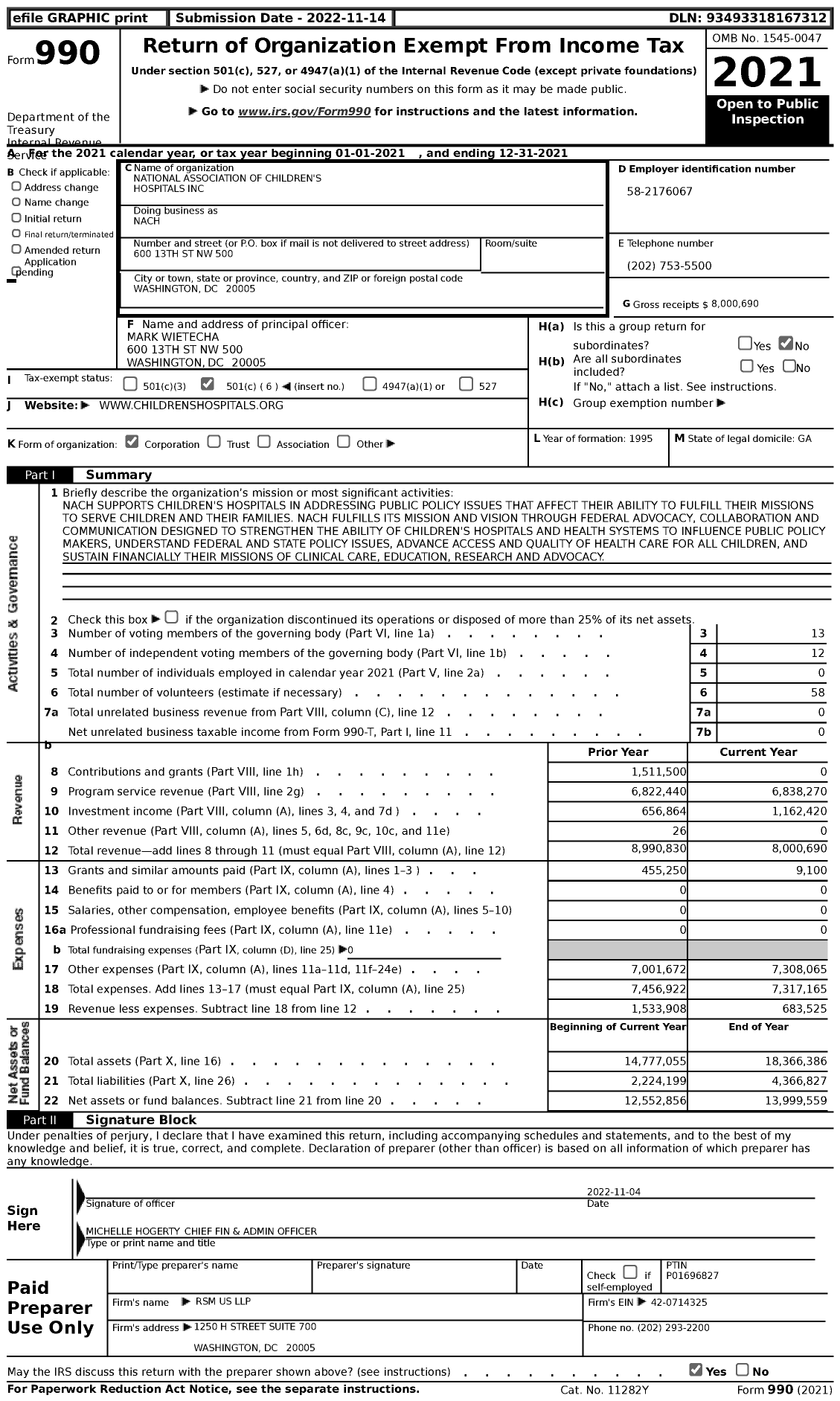 Image of first page of 2021 Form 990 for National Association of Childrens Hospitals (CHA)