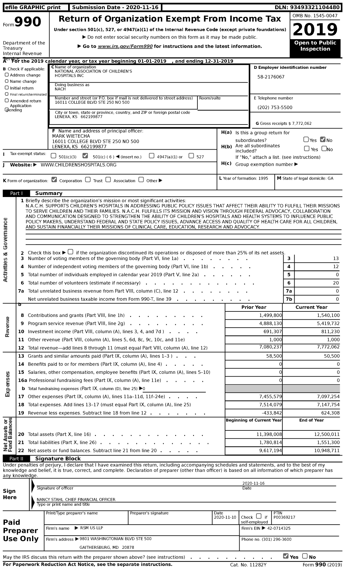 Image of first page of 2019 Form 990 for National Association of Childrens Hospitals (CHA)