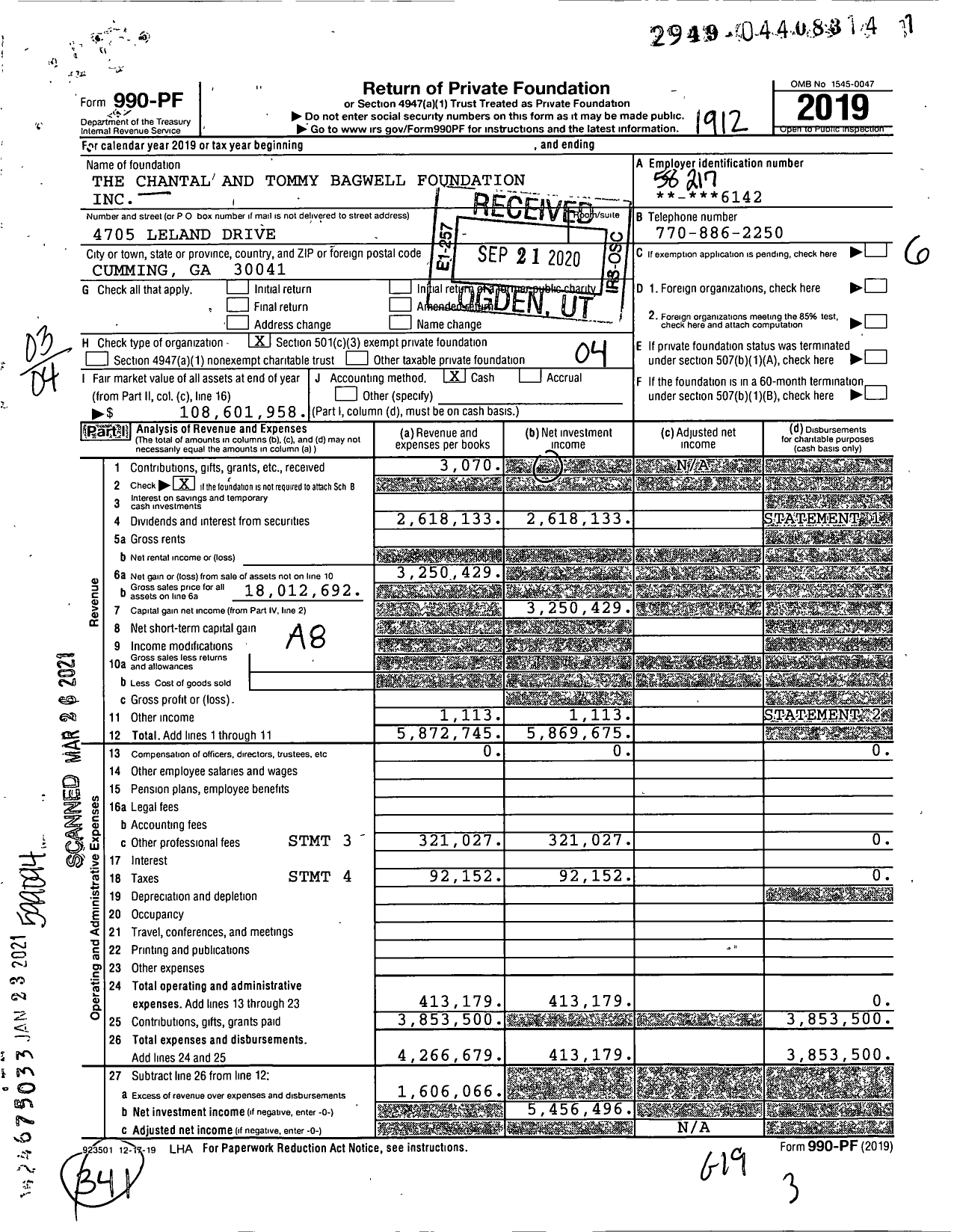 Image of first page of 2019 Form 990PF for The Chantal and Tommy Bagwell Foundation