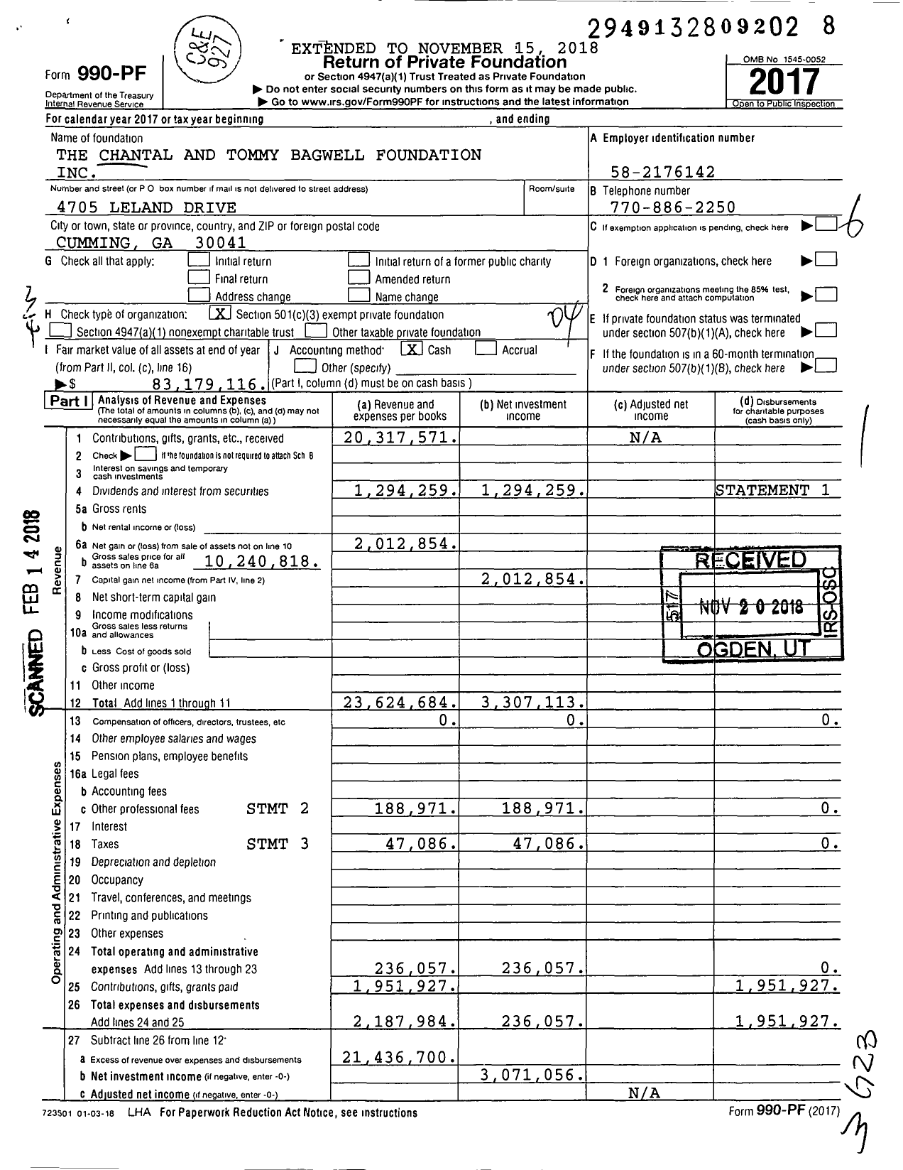 Image of first page of 2017 Form 990PF for The Chantal and Tommy Bagwell Foundation