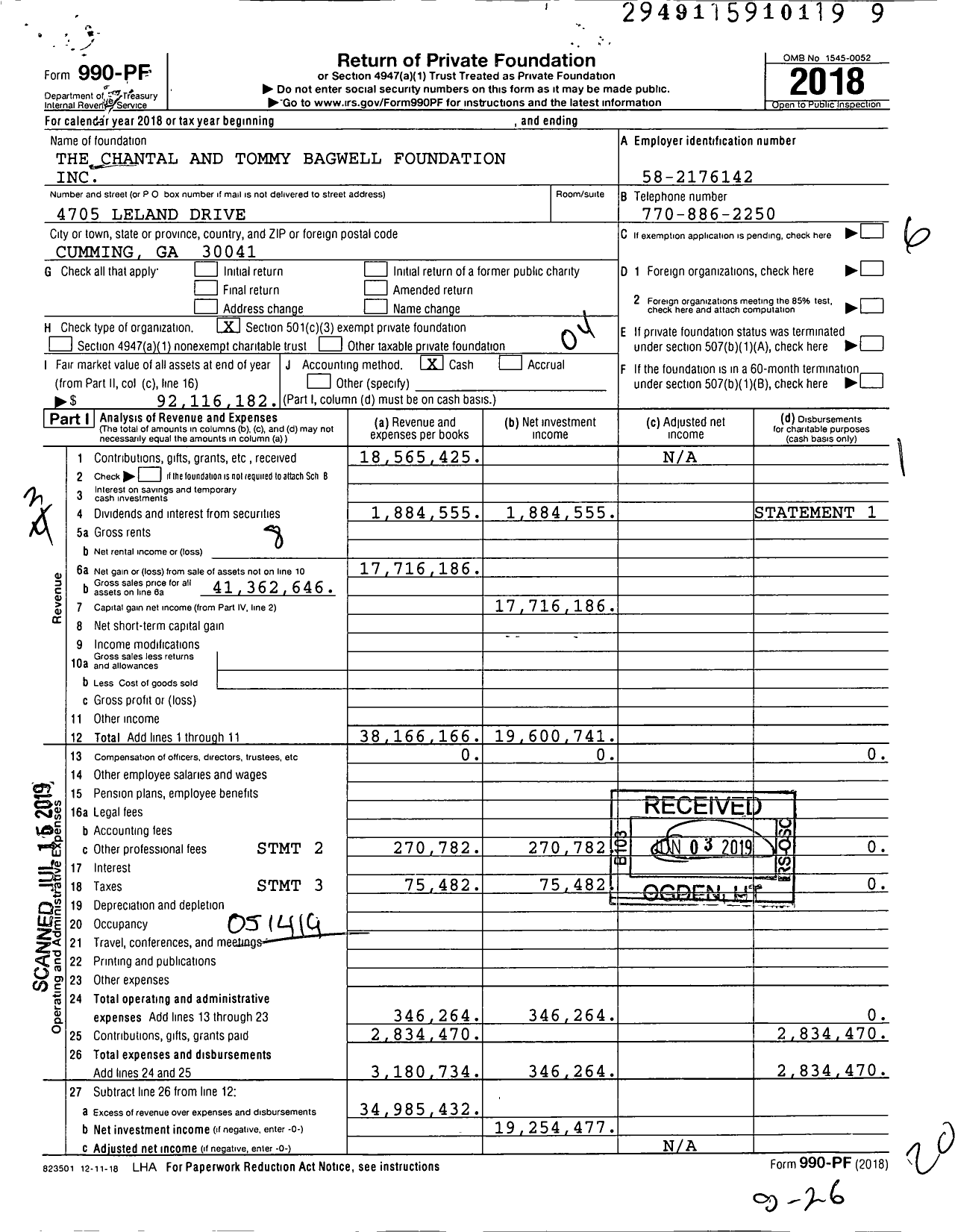 Image of first page of 2018 Form 990PF for The Chantal and Tommy Bagwell Foundation