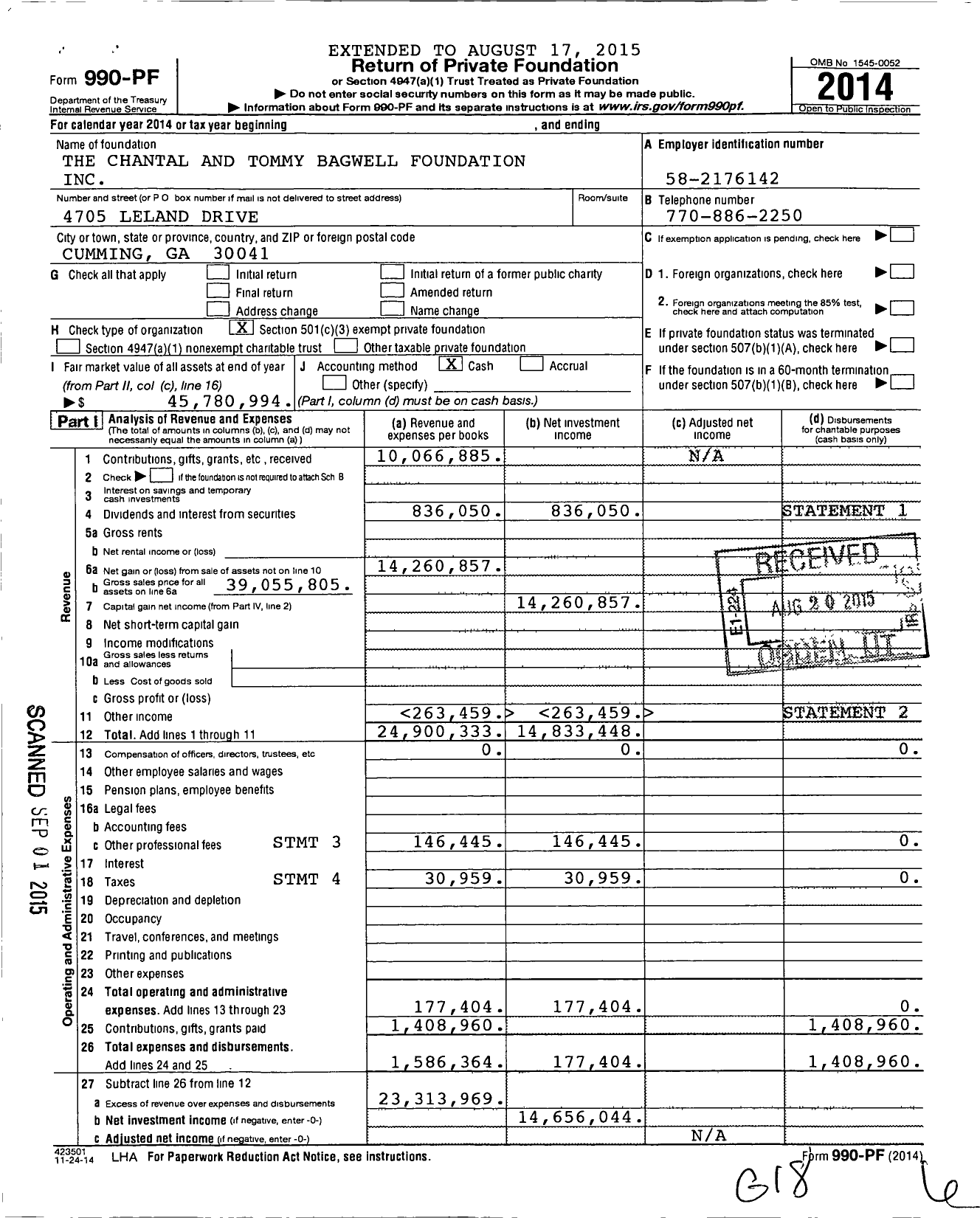 Image of first page of 2014 Form 990PF for The Chantal and Tommy Bagwell Foundation