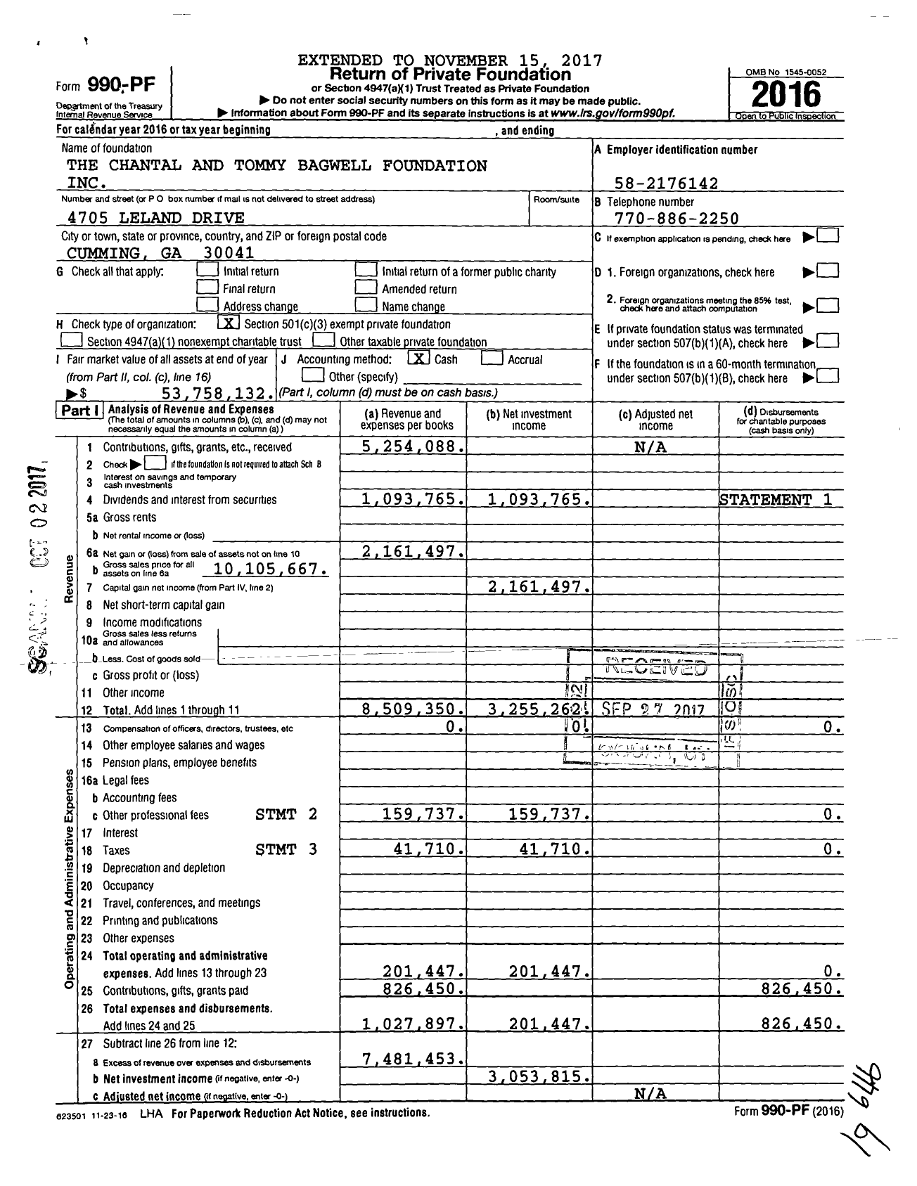 Image of first page of 2016 Form 990PF for The Chantal and Tommy Bagwell Foundation