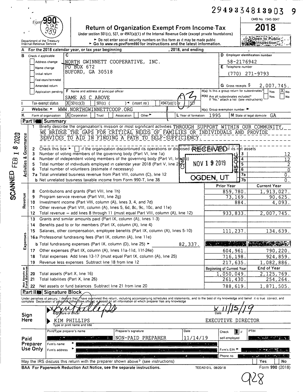 Image of first page of 2018 Form 990 for North Gwinnett Cooperative