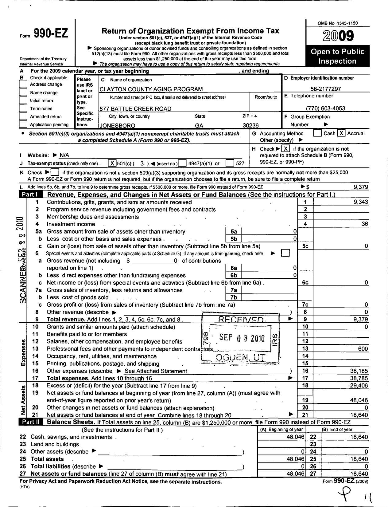 Image of first page of 2009 Form 990EZ for Clayton County Aging Program