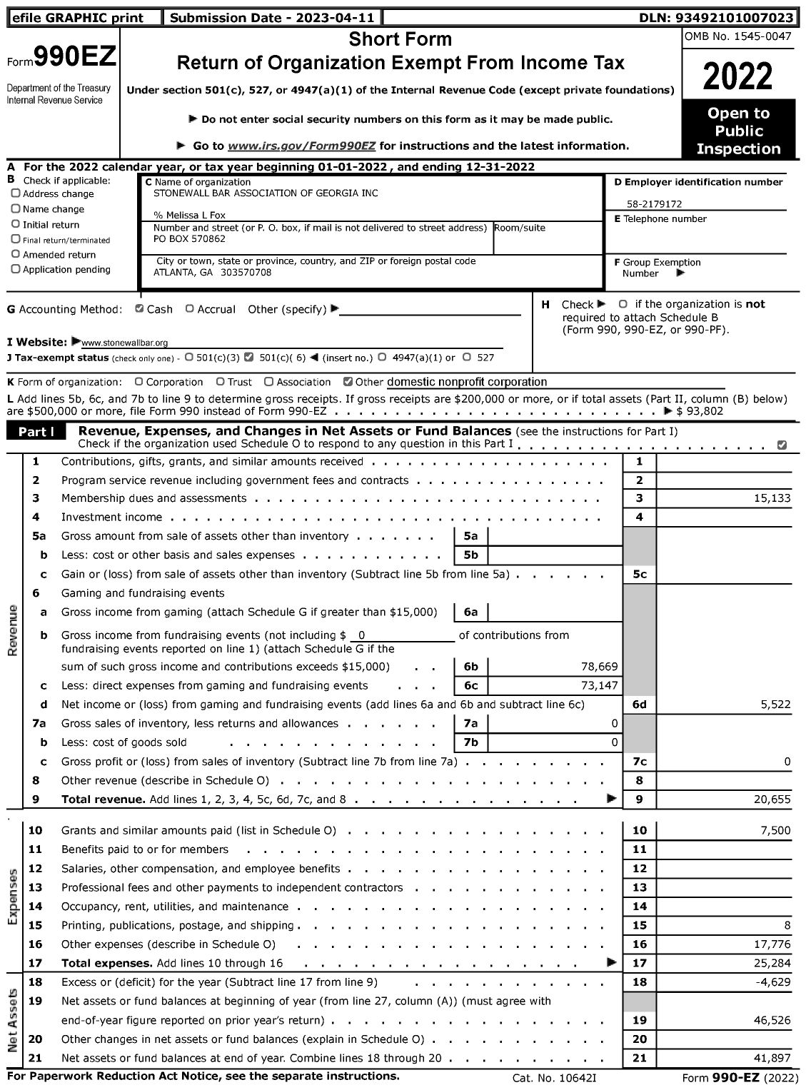 Image of first page of 2022 Form 990EZ for Stonewall Bar Association of Georgia
