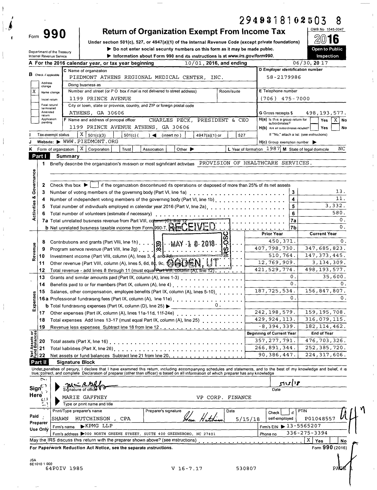 Image of first page of 2016 Form 990 for Piedmont Athens Regional Medical Center (ARMC)