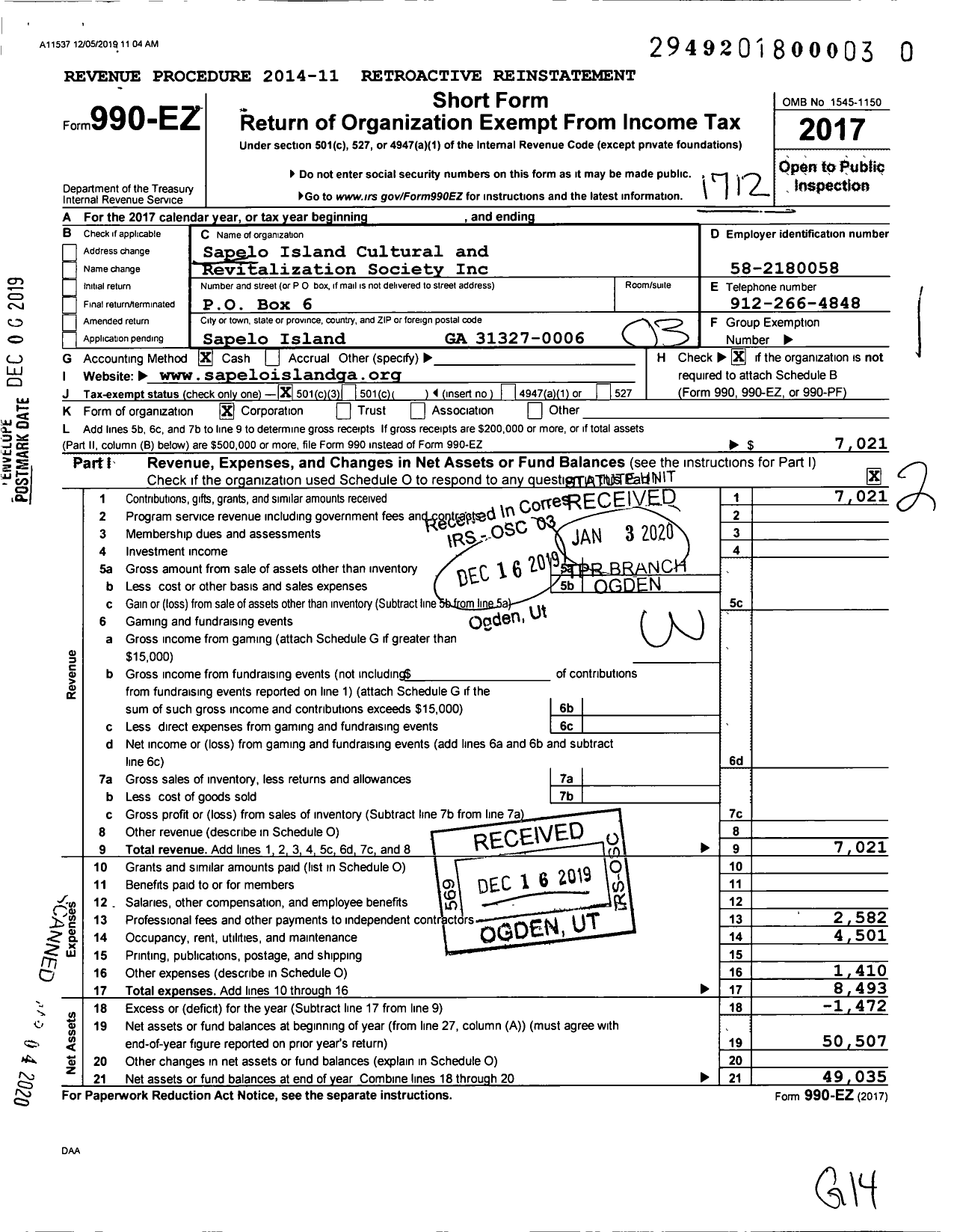 Image of first page of 2017 Form 990EZ for Sapelo Island Cultural and Revitalization Society