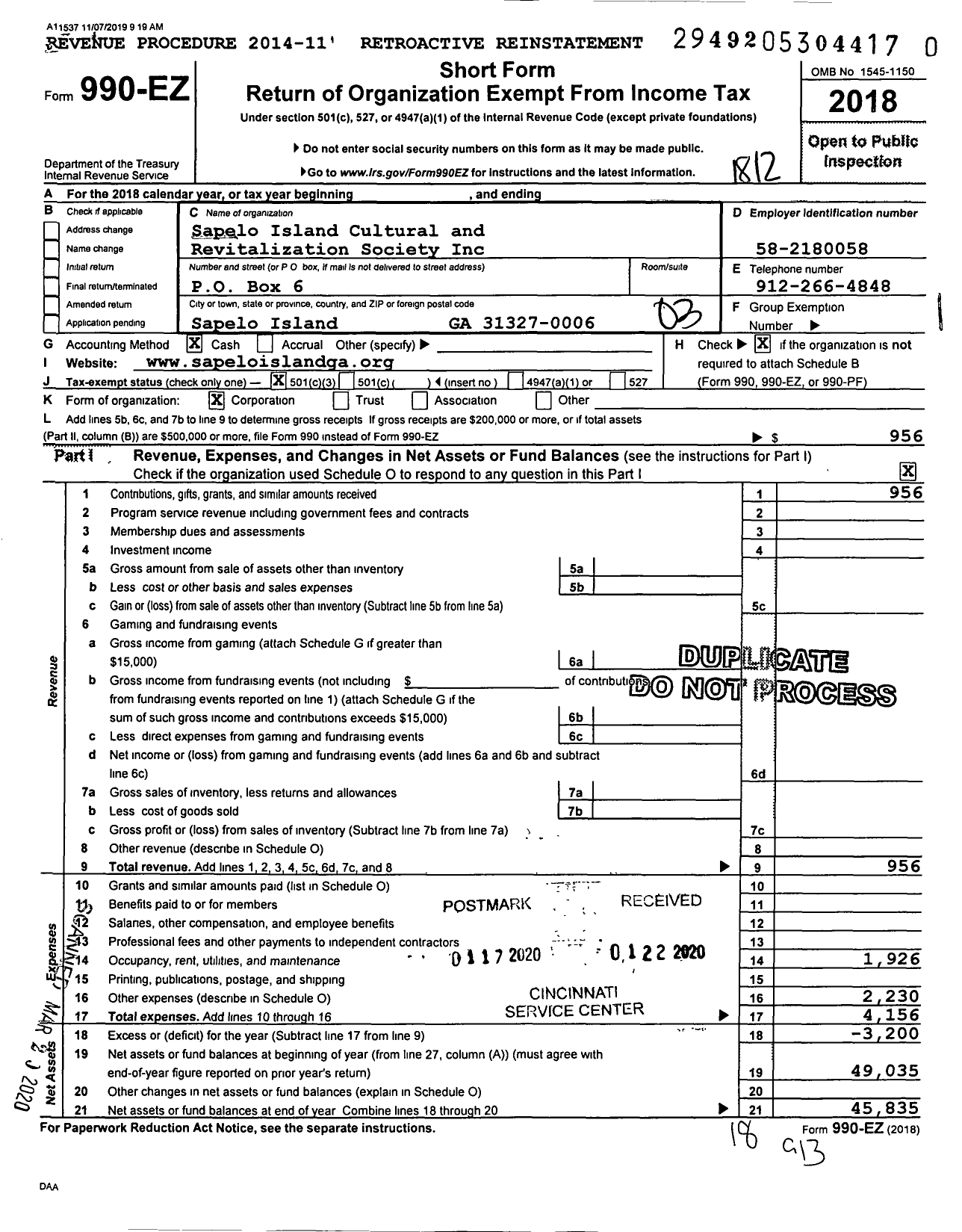 Image of first page of 2018 Form 990EZ for Sapelo Island Cultural and Revitalization Society