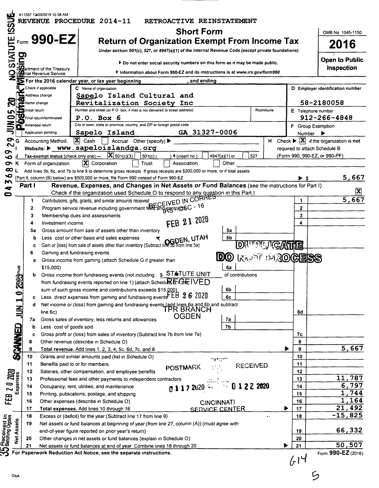 Image of first page of 2016 Form 990EA for Sapelo Island Cultural and Revitalization Society